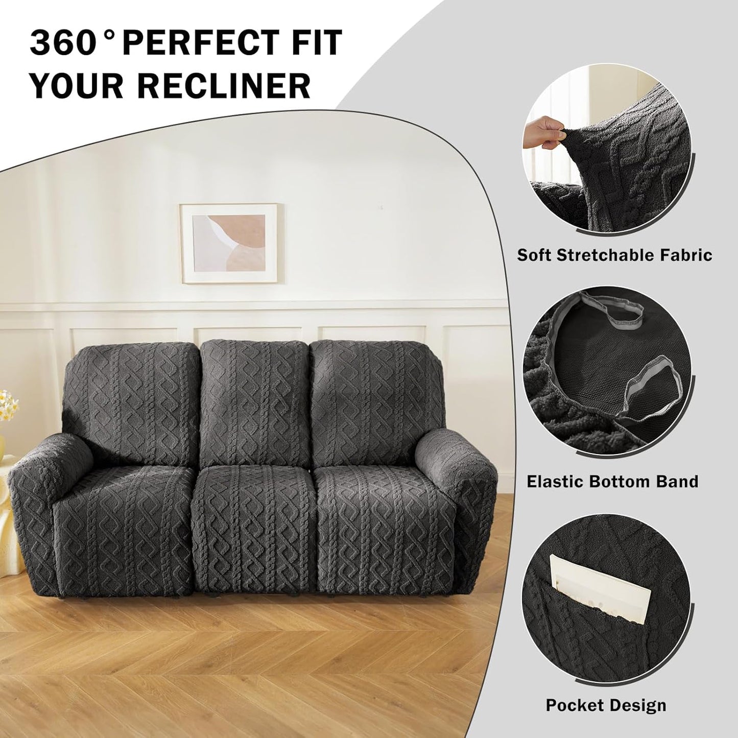 vctops 8 Pieces Geometric Jacquard Plush Recliner Sofa Covers Soft Fuzzy Fluffy 3 Seats Couch Cover Anti-Slip Sofa Slipcover Furniture Protector with Elastic Bottom for Kids Pet(Dark Grey,3 Seat)