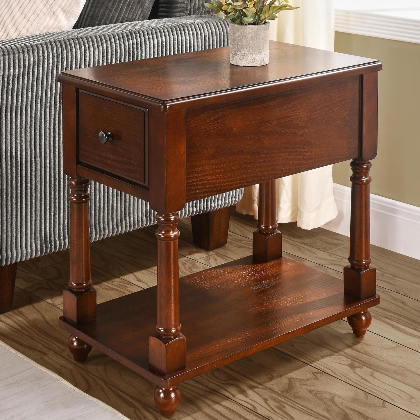 LEEMTORIG Narrow Nightstand with Drawer, No-Tools Assembly Wood End Tables Living Room Side Tables Bedroom, Mid-Century Modern 13"W Slim Narrow Bedside Table, 22"D x 22.3"H, Cherry Brown BBJ-004-DWA