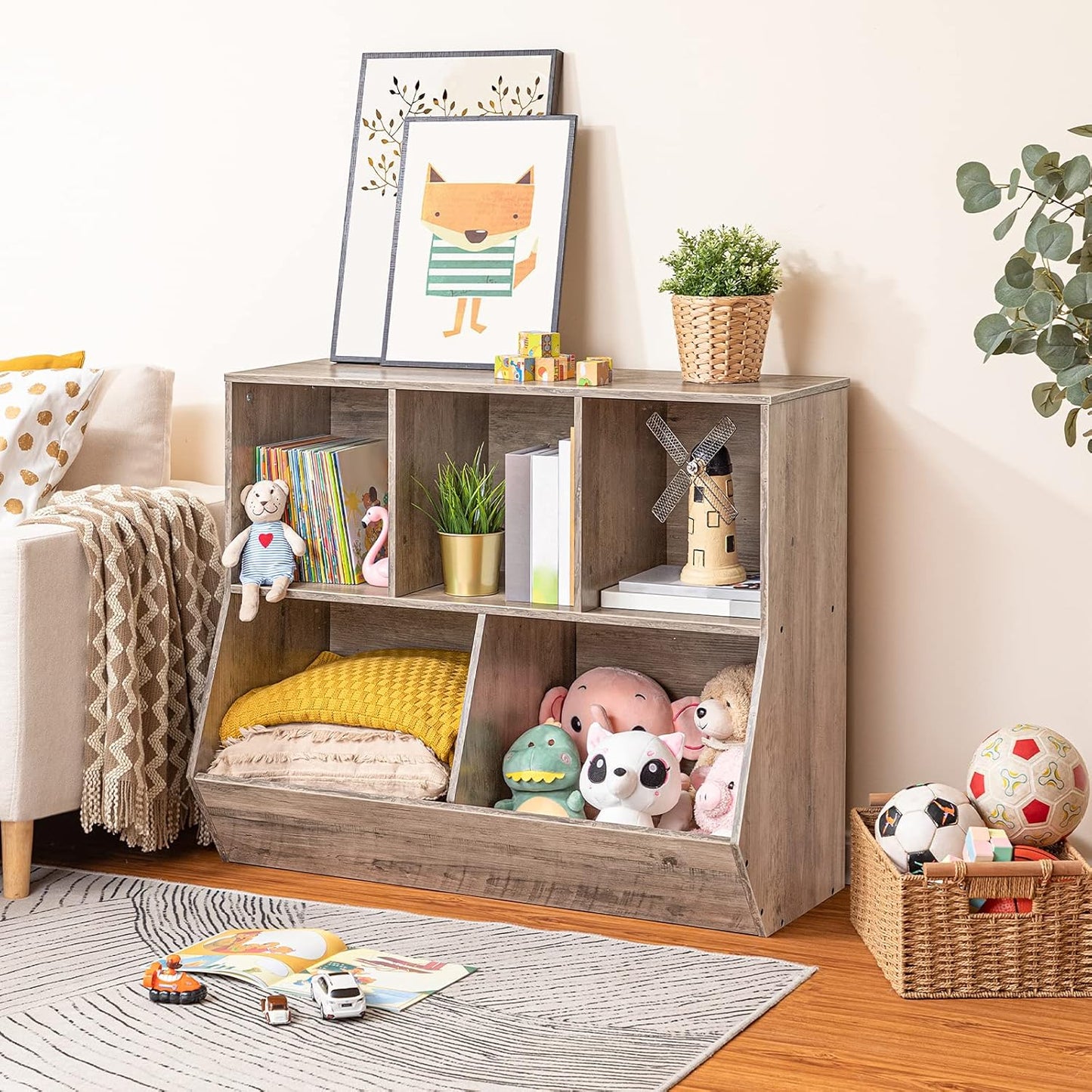 HOOBRO Kids Bookshelf, Bookcase Footboard, Toy Storage Cubby, Children's Toy Shelf, 35.4" L Toy Storage Cabinet, Fit for Children's Room, Playroom, Hallway, Kindergarten, Greige BG32CW01