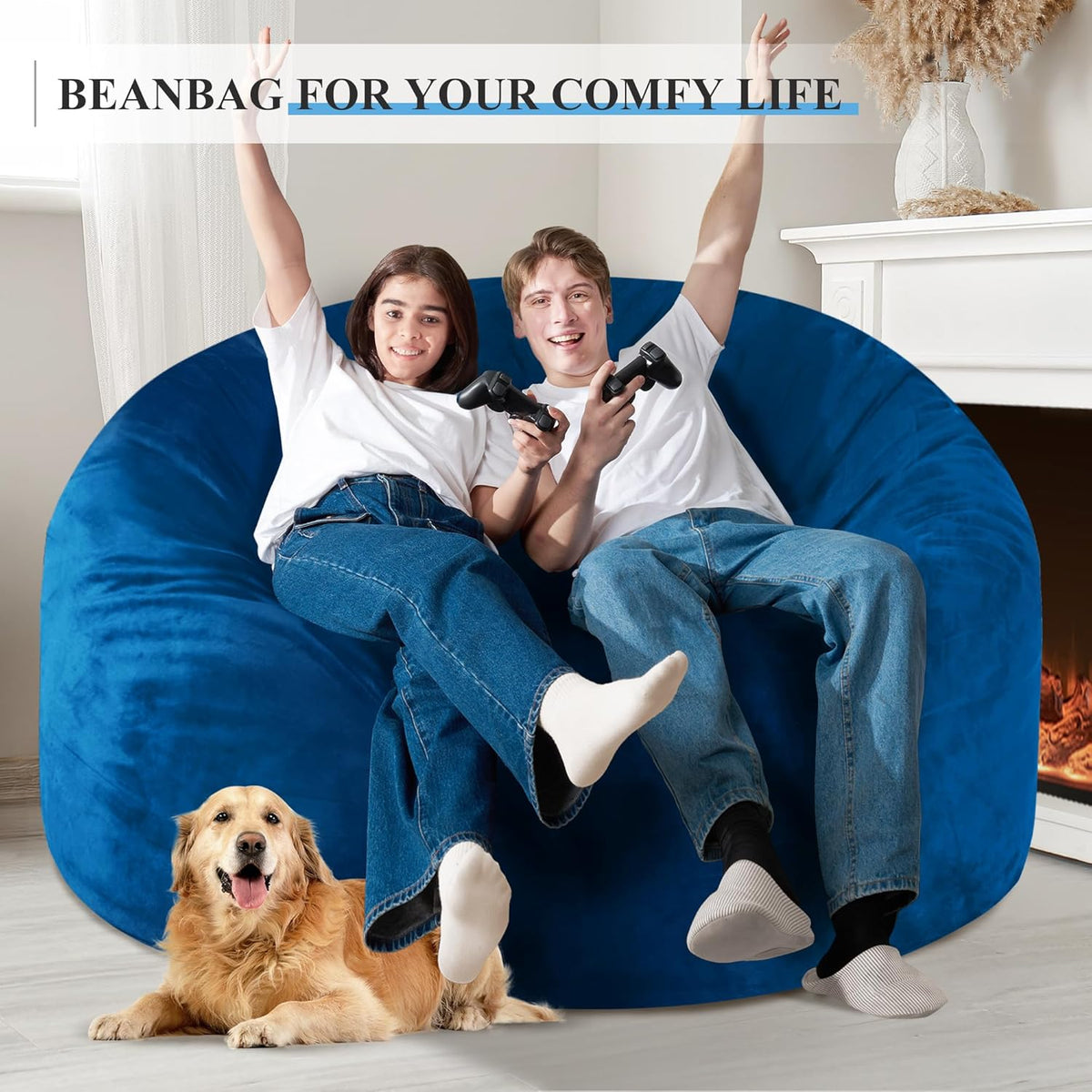 Homguava 5FT Bean Bag Chair Giant BeanBag with Memory Foam Filled, Comfy Bean Bag Chairs for Adults, Adult Bean Bag Chair with Dutch Velvet Cover for Living Room Bedroom-Blue