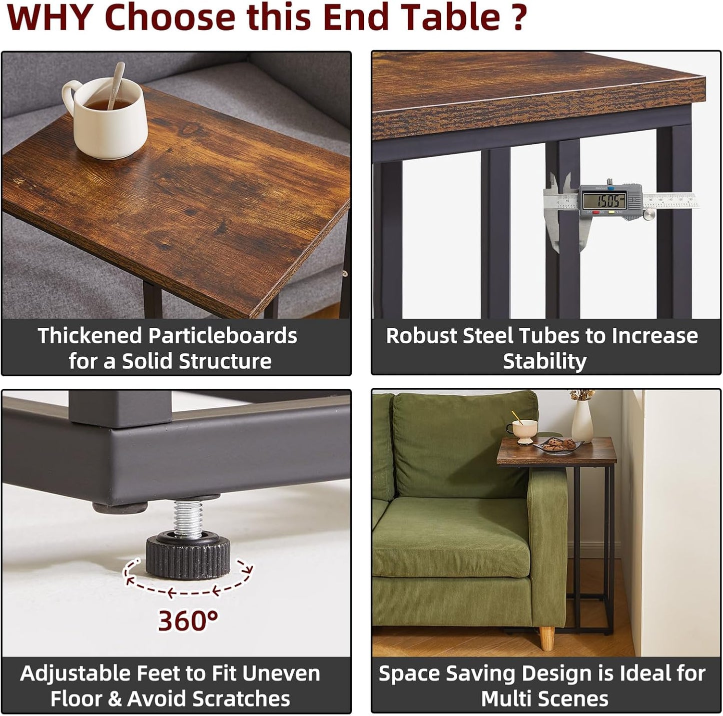 Side Table Small End Table C Shaped, Slide Under Laptop Desk for Couch, Living Room Side Table, TV Trays for Eating on Couch, Rustic Brown+Black YD-TM051HB-2