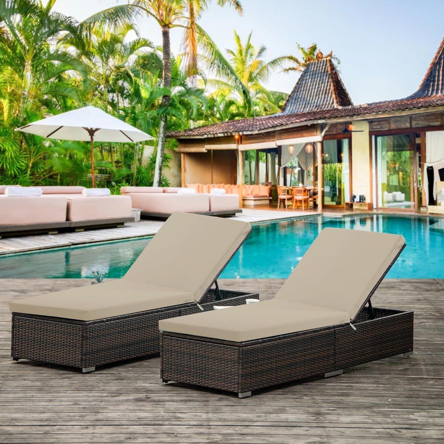 Chaise Lounge Cushions Outdoor Set of 2 - Waterproof and Fade Resistant Sun Lounger Replacement Cushion - Patio Lounger Pads with Removable Cover for Pool, Deck, Lawn, 72 x 21 x 3 Inch, Cream