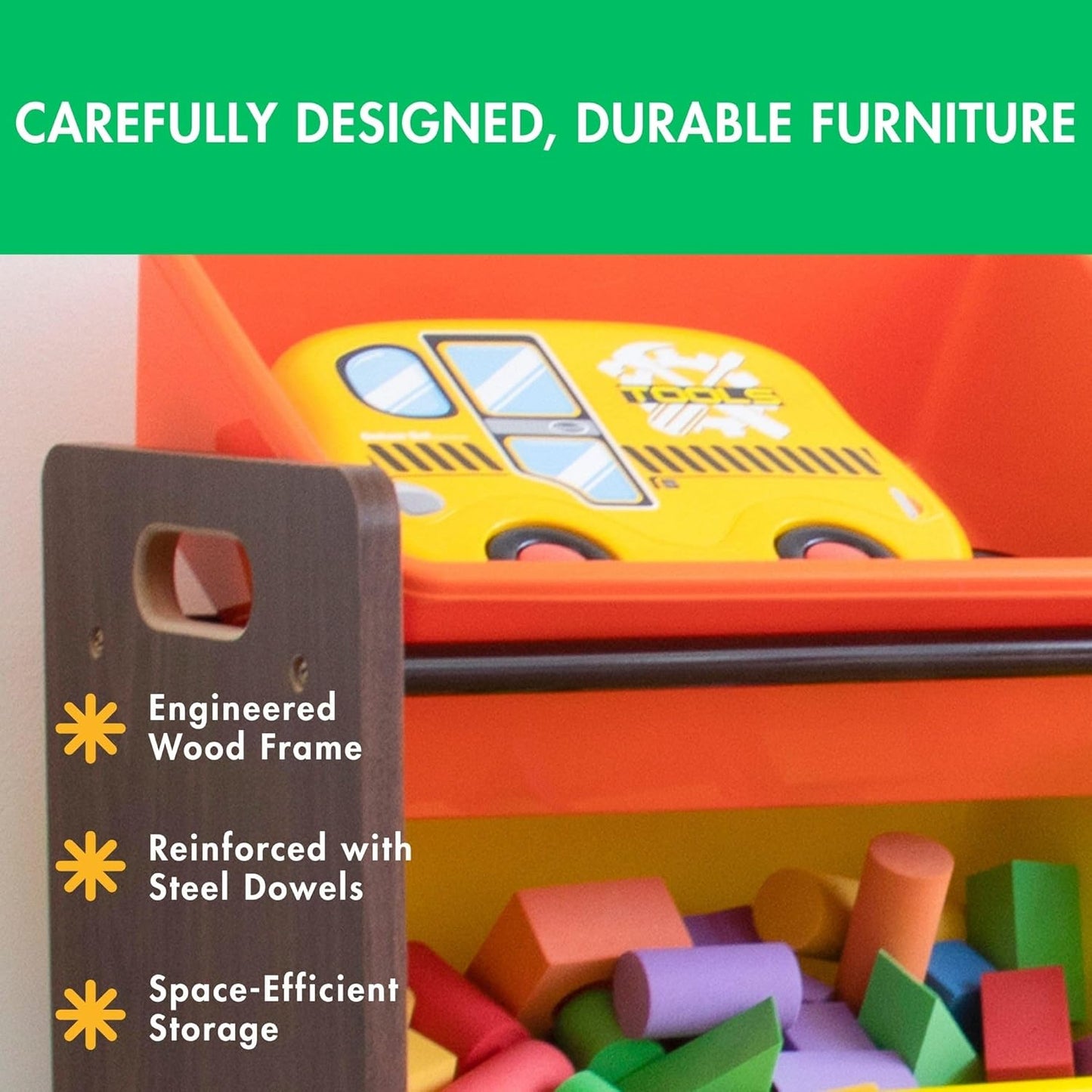 Humble Crew Extra-Large Toy Organizer with 20 Plastic Bins – Dark Walnut/Neon Storage Rack with 4-Tier Shelves, Anti-Tip Safety, for Kids’ Rooms, Playrooms, Nurseries & Classrooms