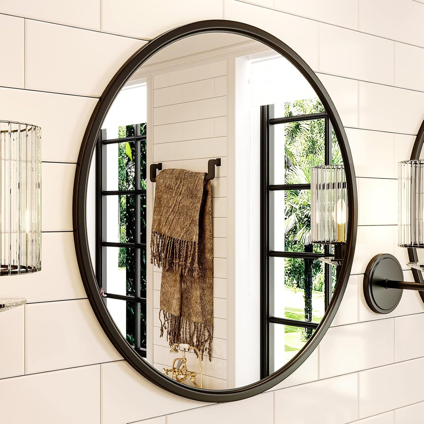Growsun 15.7'' Black Round Mirror, Circle Wall Mirror for Bathroom Vanity, Entryway Living Room with Metal Frame for Home Decor