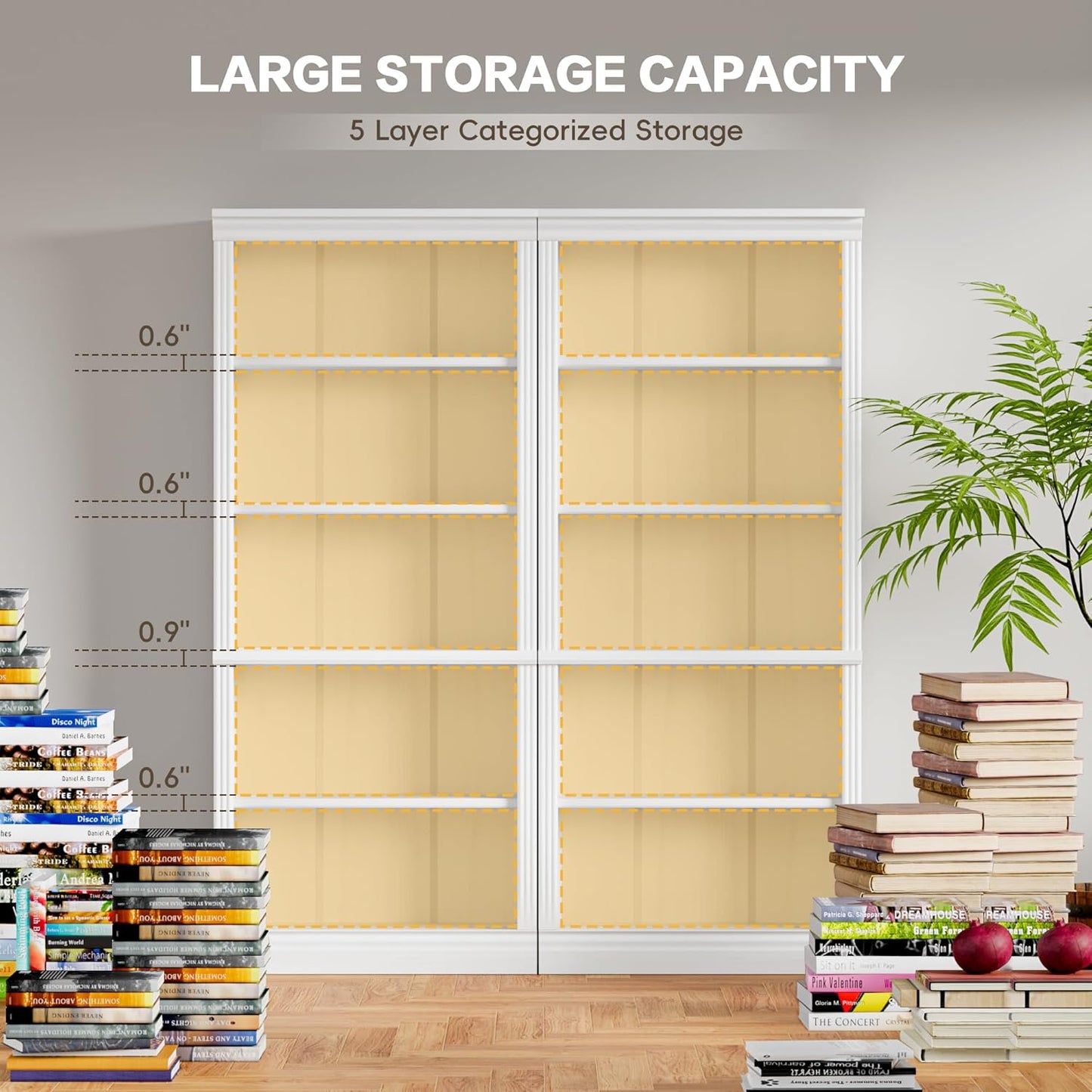 YESHOMY 72" Bookcase and Bookshelf, 5-Tier Wood Bookcases with Shelves, Tall Floor Standing Book Shelf Storage Cabinet Home Decor Furniture for Living Room, Home Office, White, 2 PCS