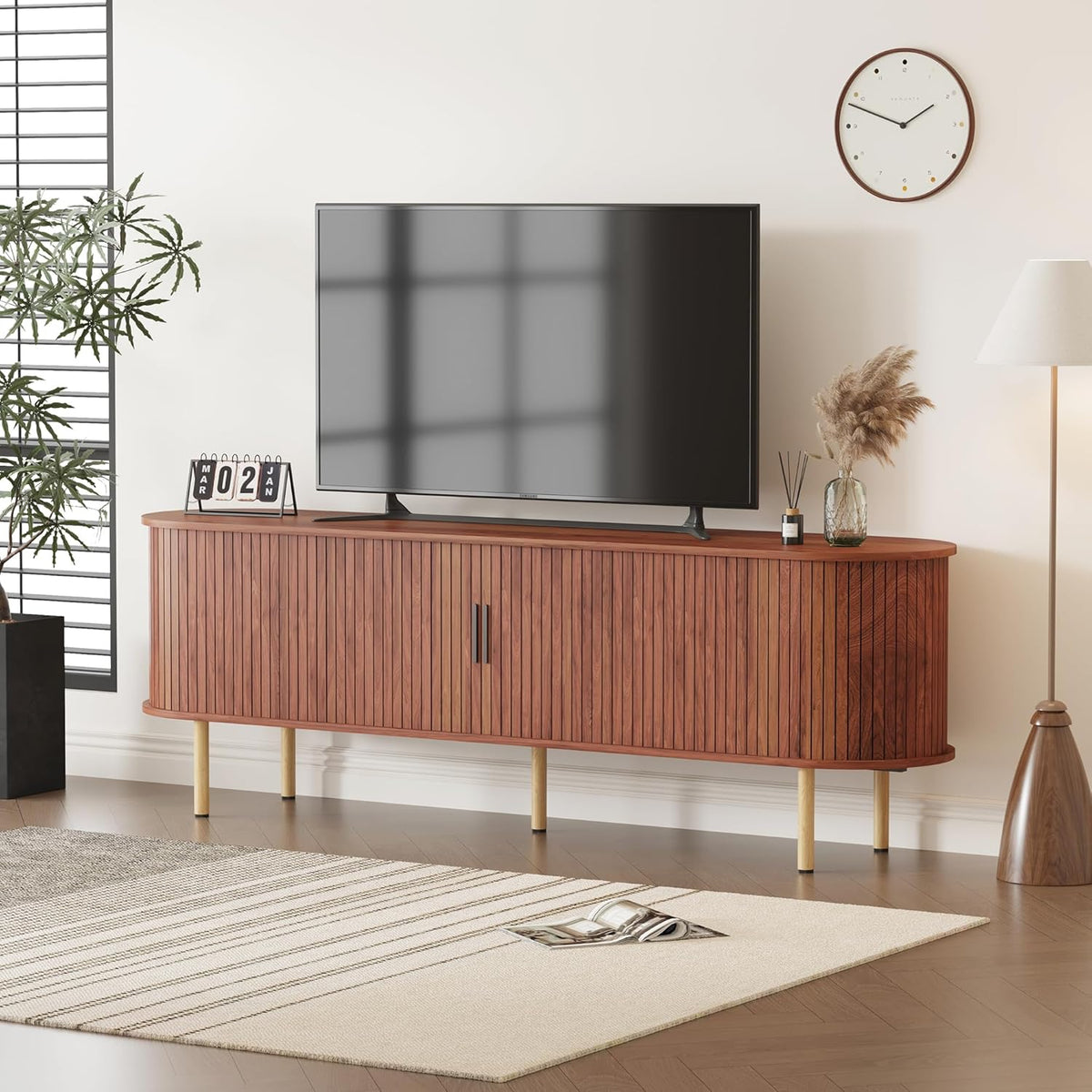 70.1" TV Stand, Modern TV Console Table with Storage Compartment and Sliding Door, Gaming Entertainment Center with Cabinet for Living Room, Bedroom, Office, Walnut