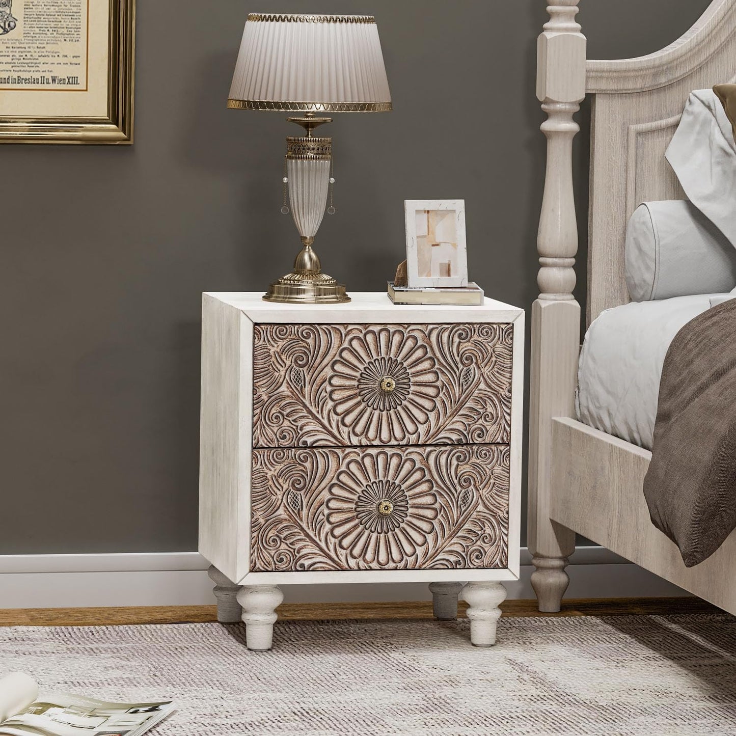 COSIEST Nightstand, 14" D x 18" W x 21.5" H MDF End Table with 2 Drawers, Vintage Style Wood Bedside Table, Bedroom Accessories for Home, Office, College Dorm
