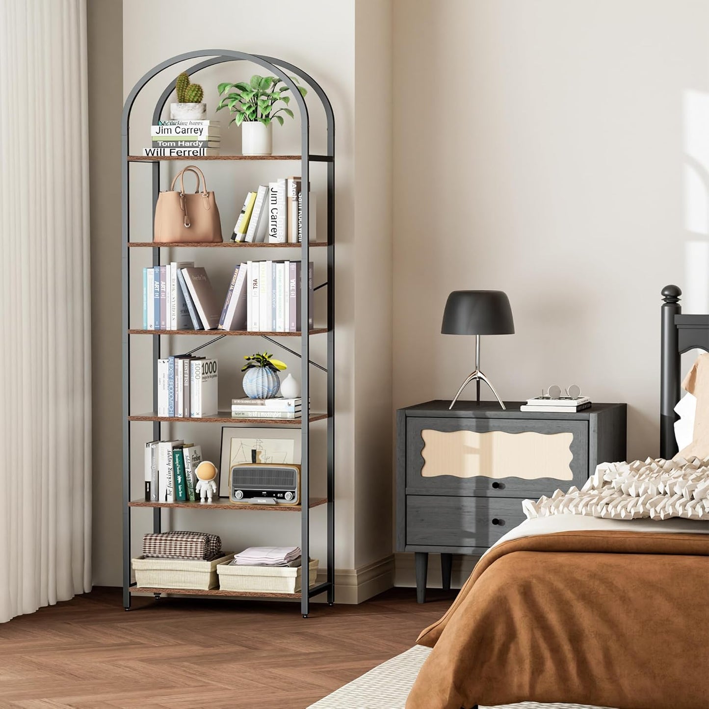 Homhedy 6-Tier Bookshelf Arched Display Racks, Wood and Metal Bookcase, Tall Bookshelf, Industrial Display Standing Shelf Unit, for Home Office, Living Room, Bedroom, Bathroom, Rustic Brown