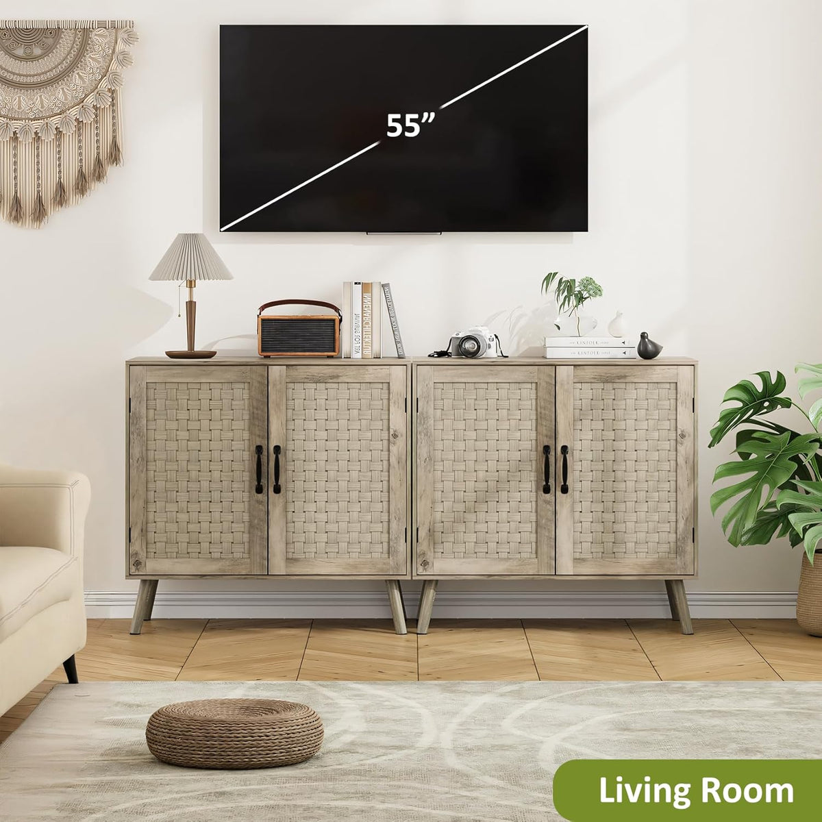 Farmhouse Sideboard Cabinet, Buffet Storage Cabinet with Handmade PVC Rattan Decor Doors & Adjustable Shelf, Wood Accent Table Coffee Station for Kitchen, Living Room, Entryway, Grey Oak