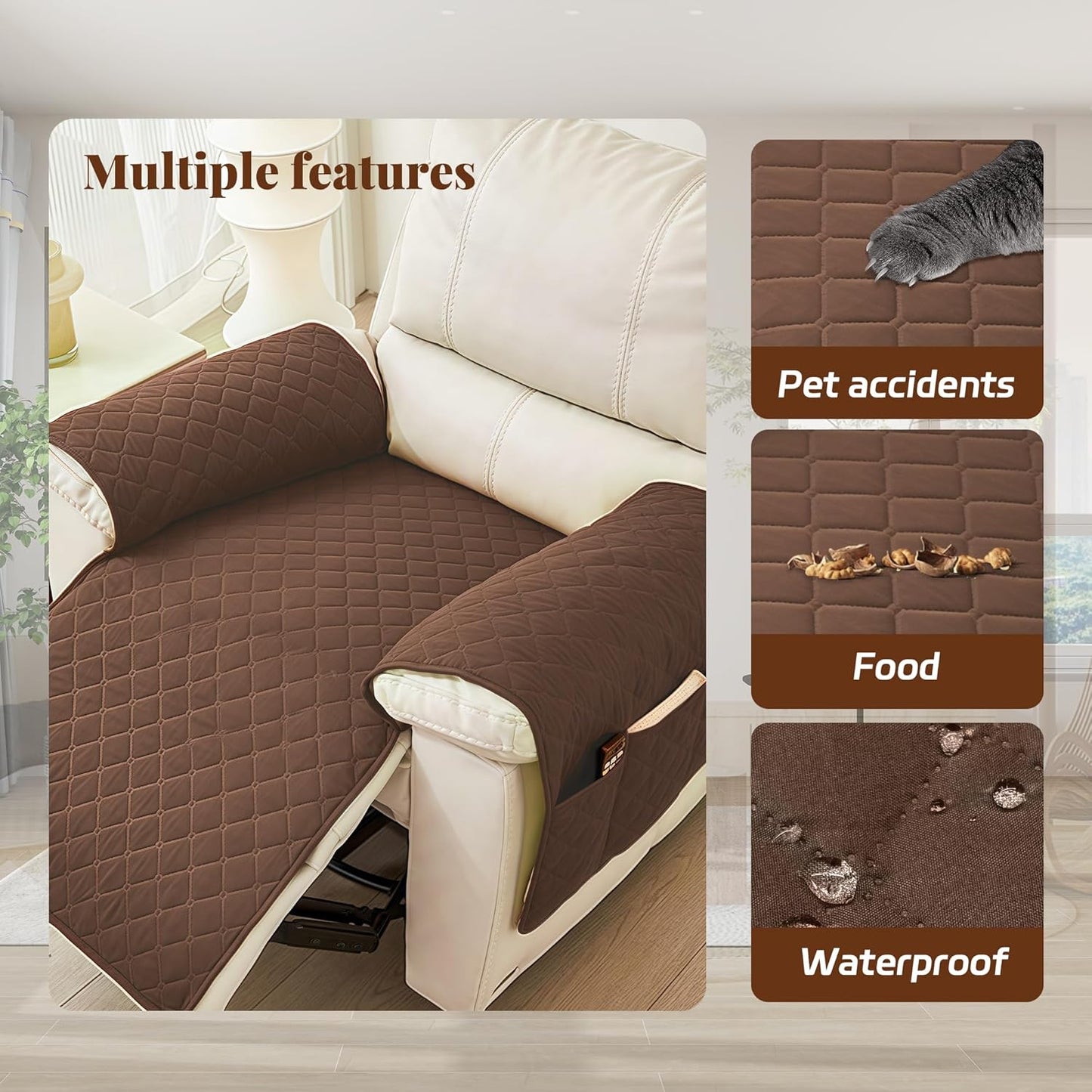 MEHIDFY Sofa Seat Arm Cover, Waterproof Couch Armrest Protector, Anti-Slip Sofa Cover, Remote Holder for Armchair, Dual Side Recliner Caddy with 3 Pockets for TV Remote, Phone, Pad, Pen, Book(Brown)