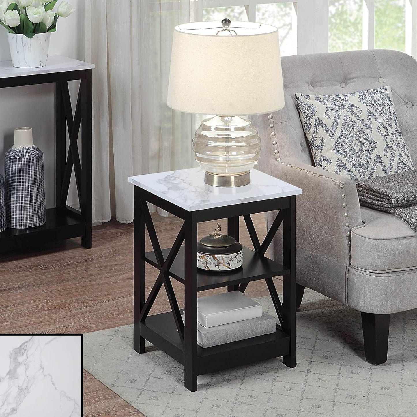 Convenience Concepts Oxford End Table 15.75" - Modern Living Room Table with Storage Shelves, Transitional Nightstand Side Table for Home Decor and Display, White Faux Marble/Black