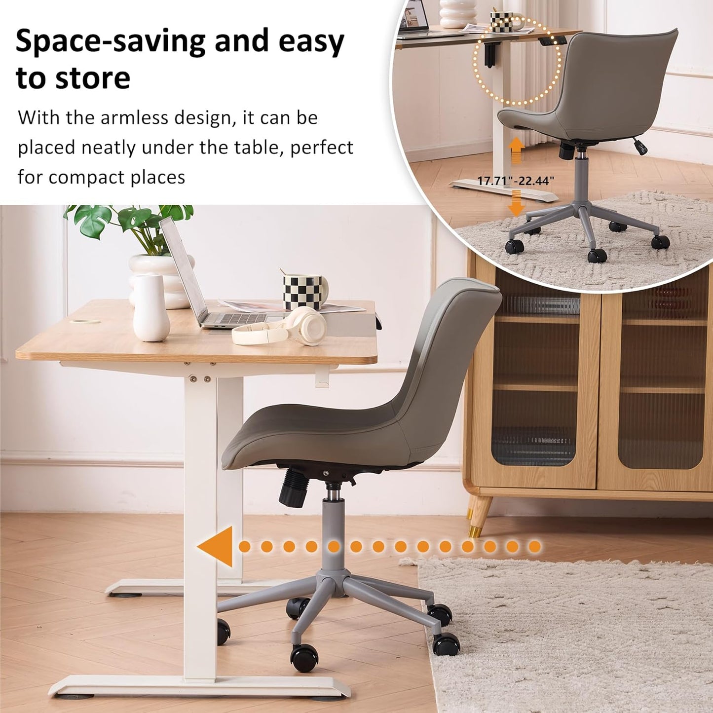 YOUNIKE Home Office Desk Chair with Wheels Armless Vanity Chair with Back Comfy Modern Leather Upholstered Rolling Task Chair Swivel Small Cute Sewing Chair No Arms Wide Adjustable Ergonomic Grey