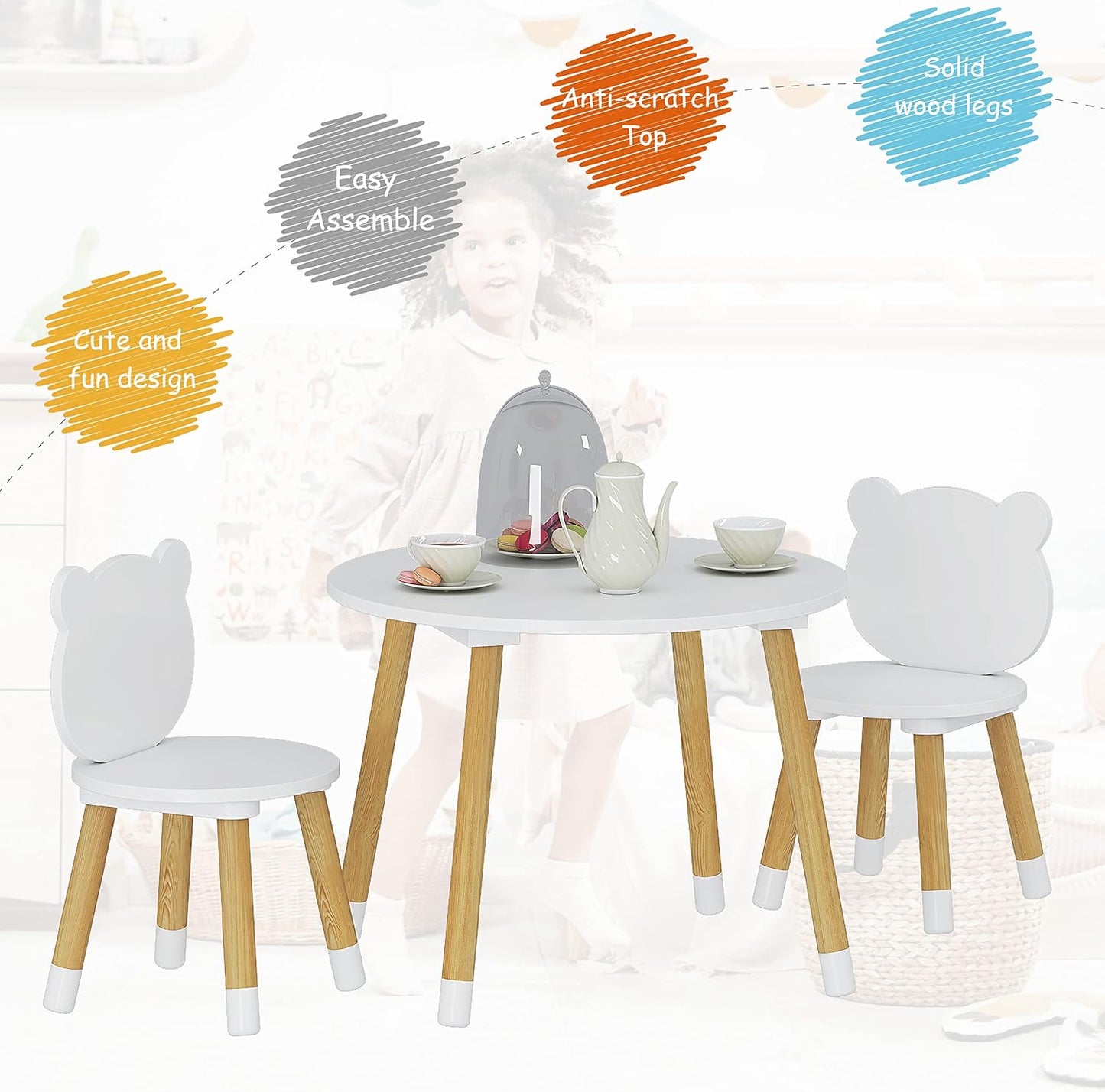 UTEX Kids Wood Table and Chair Set, Kids Play Table with 2 Chairs,3 Pieces Kids Round Table for Toddlers, Girls, Boys,White