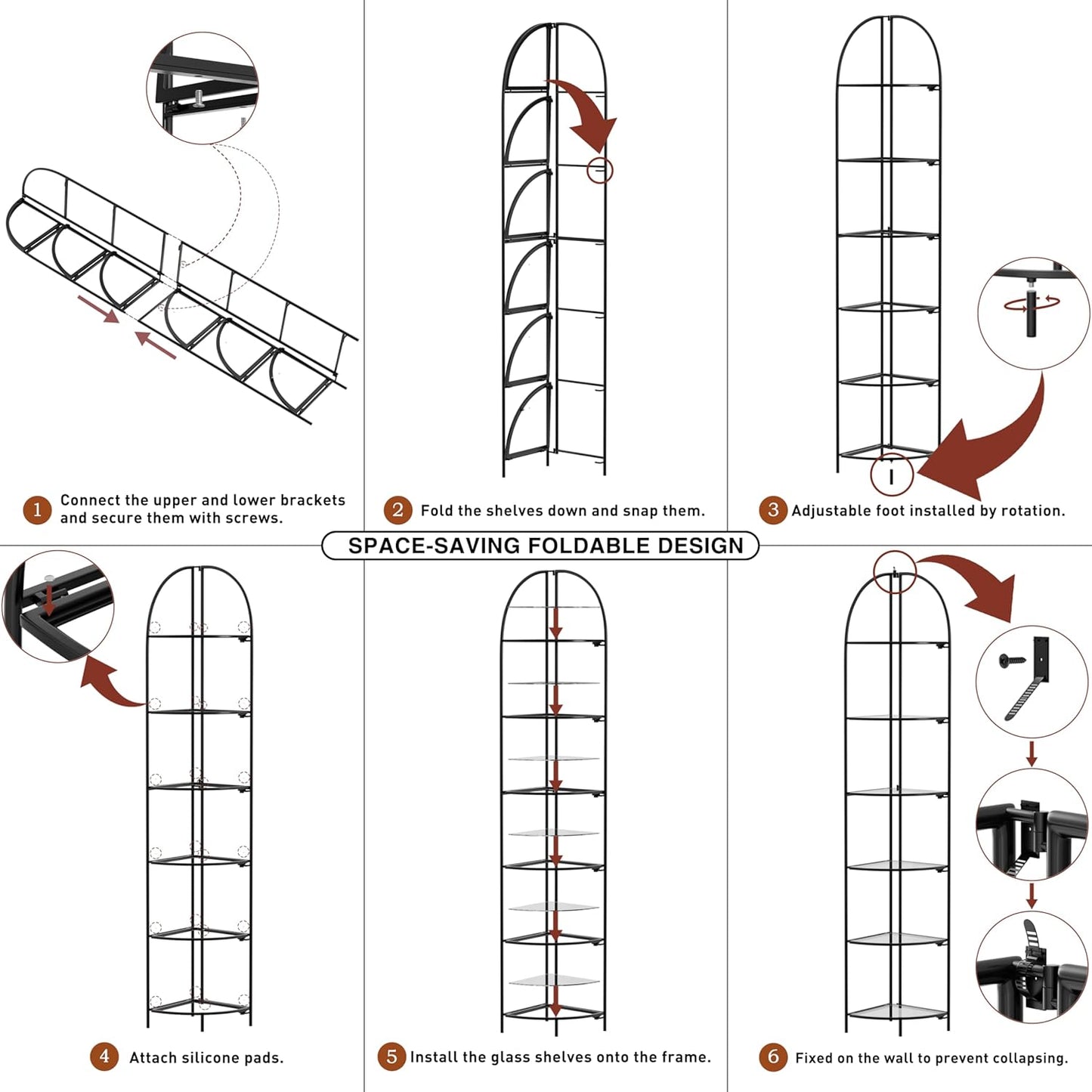 Crofy Foldable 6 Tier Corner Shelf, Metal Corner Plant Stand with Black Frame and Transparent Shelves, Corner Display Rack Multipurpose Shelving Unit for Living Room, Bedroom, Bathroom
