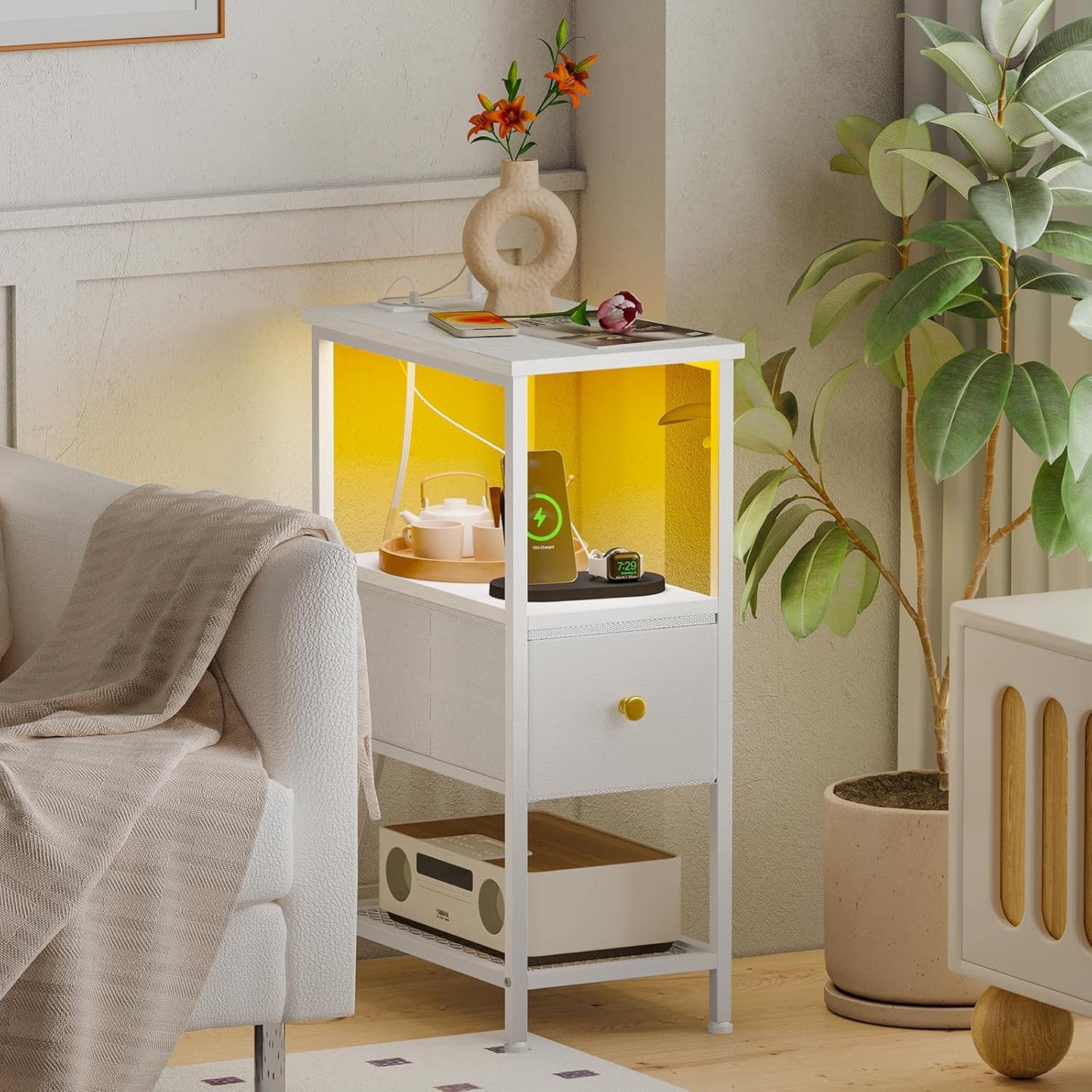 Fixwal Narrow Side Table with Charging Station and LED Light, Skinny Nightstand with 1 Fabric Drawer, Slim End Table for Bedroom, Dorm, Small Space, White