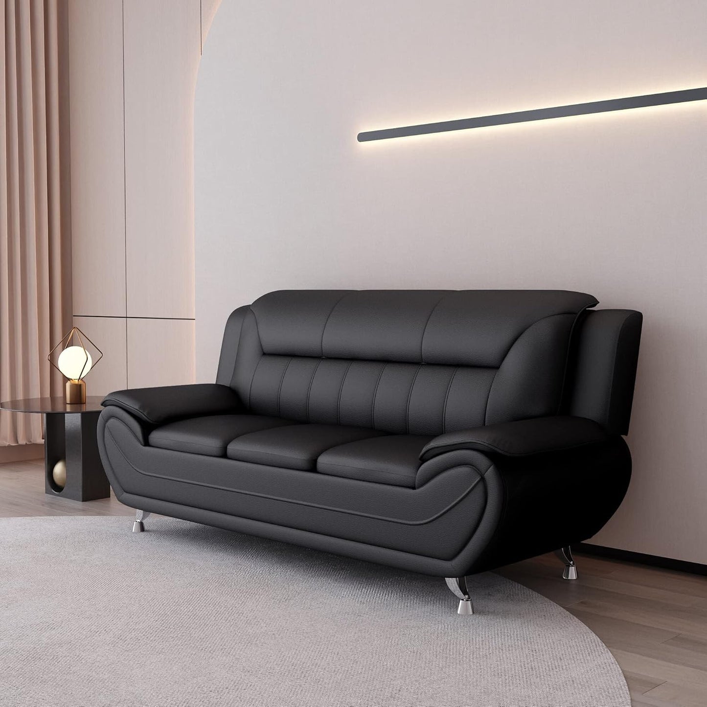 Container Furniture Direct Michael Modern Faux Leather Upholstered Stainless Steel Legs Living Room Sofa, Loveseat, Midnight