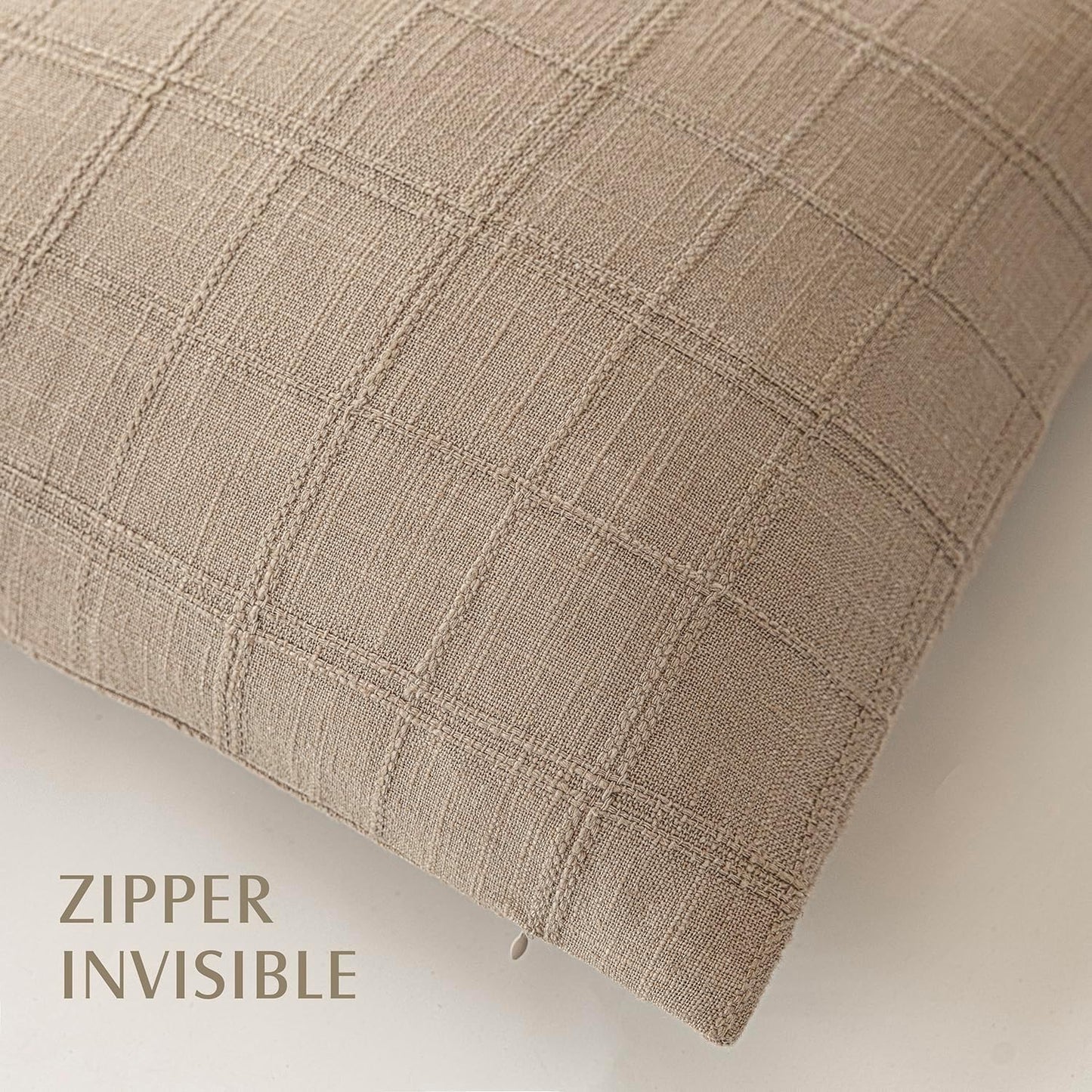 Foindtower Set of 2 Decorative Linen Check Throw Pillow Covers Neutral Farmhouse Lumbar Cushion Covers Modern Coastal Boho Home Decor for Sofa Chair Couch Bedroom Living Room Outdoor,12×20 Inch,Camel