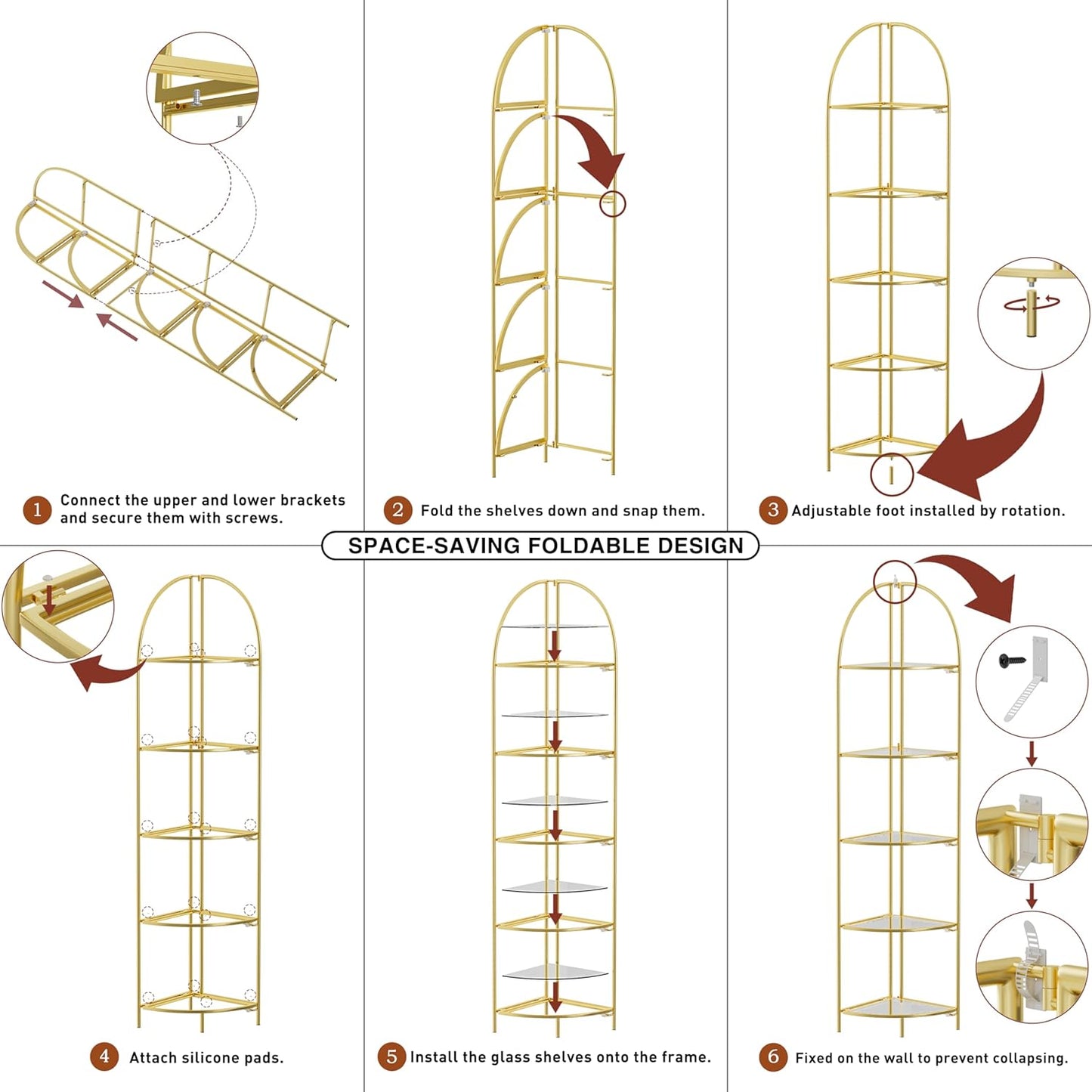 Crofy Foldable 5 Tier Corner Shelf, Metal Corner Plant Stand with Gold Frame and Transparent Shelves, Corner Display Rack Multipurpose Shelving Unit for Living Room, Bedroom, Bathroom