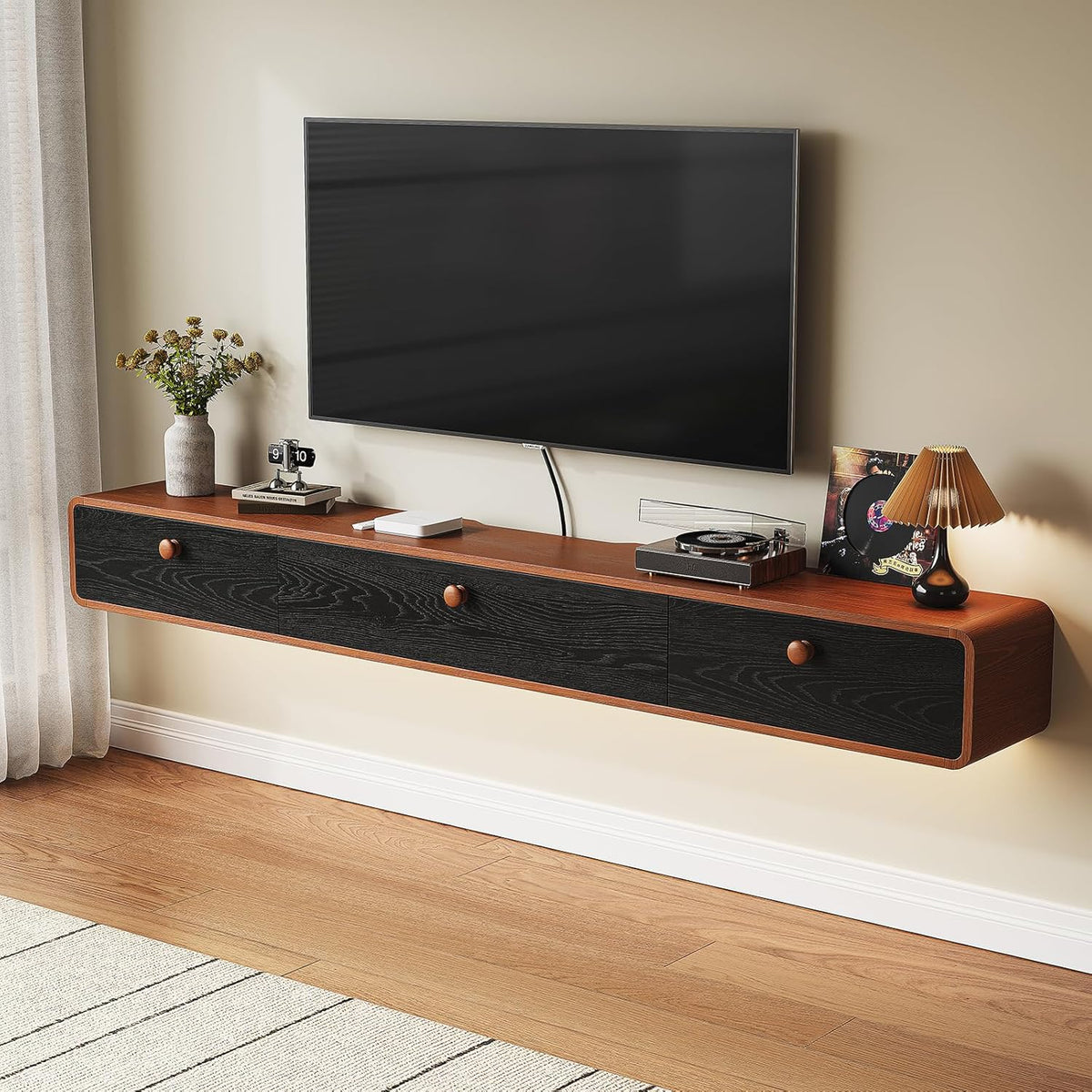 Minimalist 70'' Floating TV Stand with 3 Doors,Solid Wood Wall Mounted TV Console,Floating Entertainment Center with Hidden Storage,Curved Round Edges,Natural Wood Finish(Walnut)