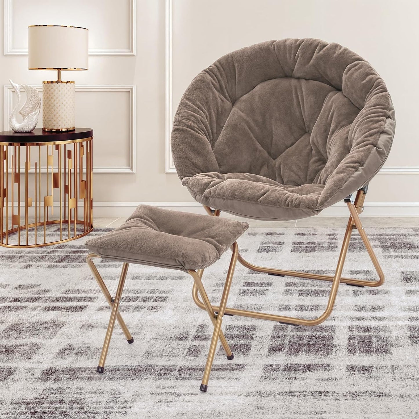 MoNiBloom Round Folding Faux Fur Saucer Chair for Bedroom Living Room Dorm Foldable Metal Frame Oversized Large Comfy Furry Padded Soft Cozy Moon Chair with Footrest Ottoman for Adults (Beige)