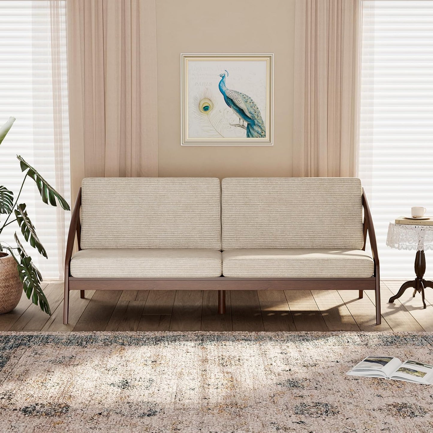 73.4" Solid Wood Upholstered Sofa, Comfortable Seat Cushion, White Waxwood Full Solid Wood Frame, Removable Cover, Suitable for Bedroom and Living Room, Easy to Assemble, Office Sofa