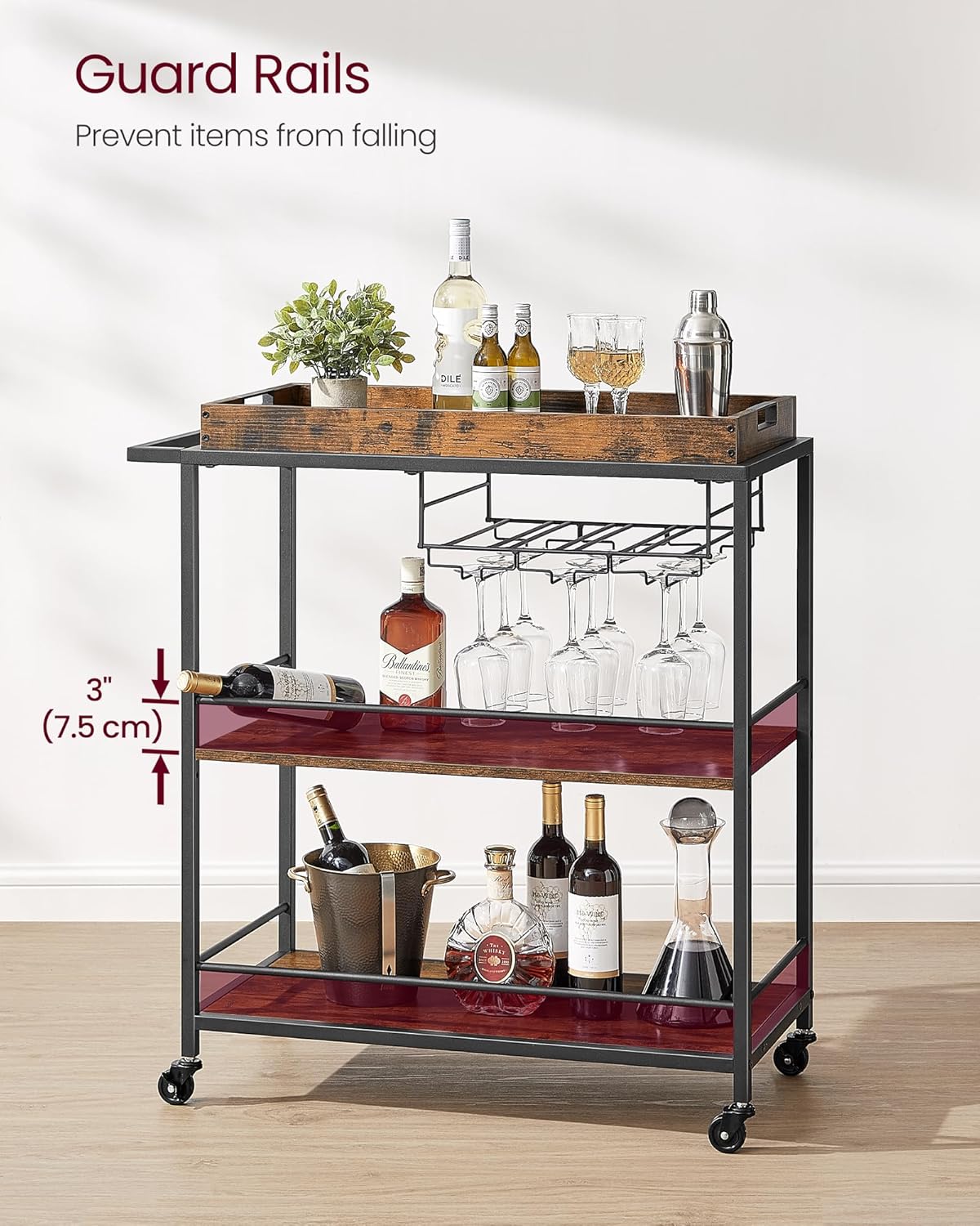 VASAGLE Kitchen Serving Cart with Removable Tray, 3-Tier Kitchen Utility Cart on Wheels with Storage, with Brakes, Leveling Feet, 15.7 x 34.6 x 37.8 Inches, Rustic Brown and Black ULRC093B01