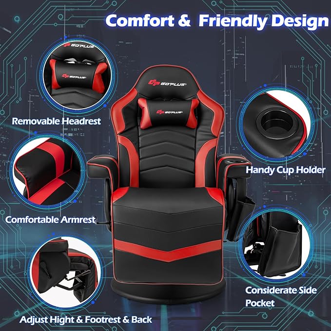 POWERSTONE Gaming Recliner, Adjustable Massage Gaming Chair with Cup Holder Footrest Ergonomic Single Sofa Living Room Home Theater Seating with Side Pouch (Red)
