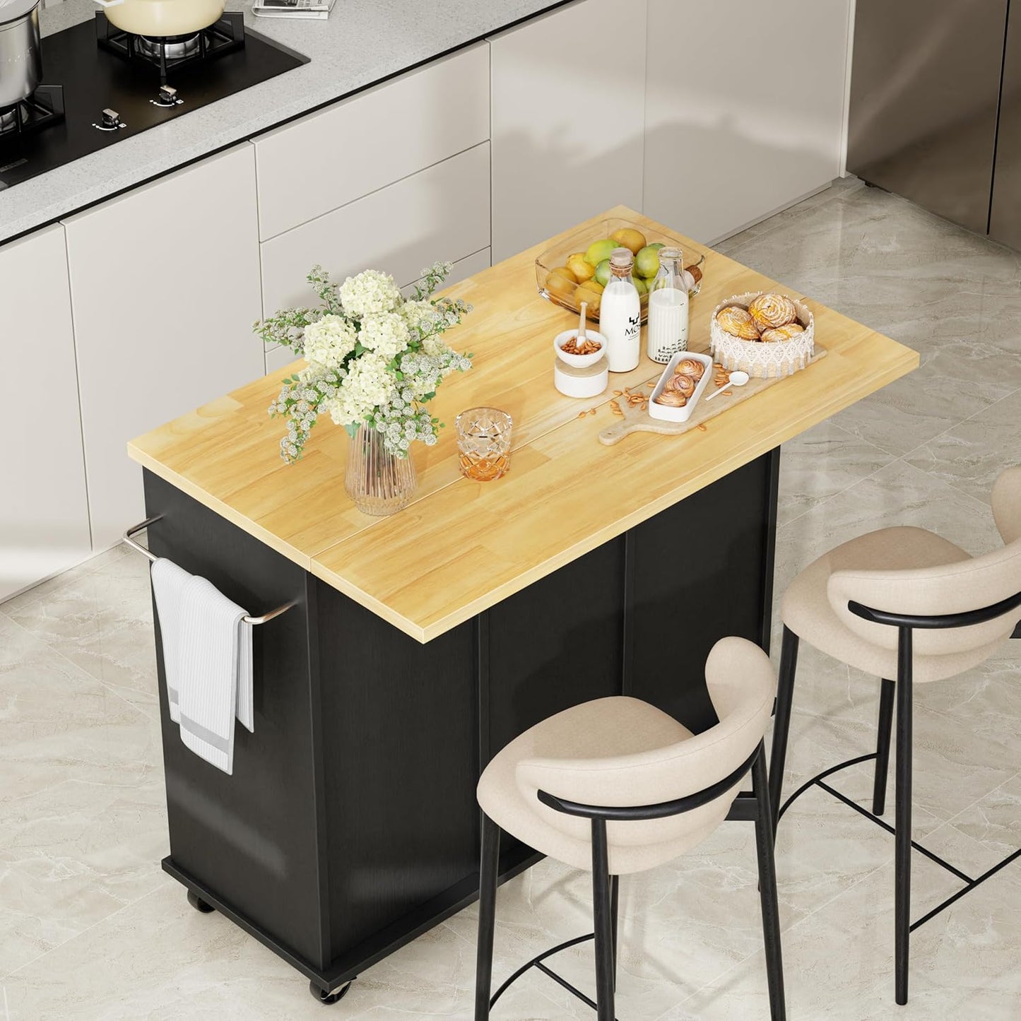 Shintenchi Kitchen Island with Storage, Bar Cart Cabinet Island Table on Wheels, Rolling Microwave Cart for Kitchen with Drop Leaf, Drawers, Towel Rack, Seating Area for Dining Room, Black