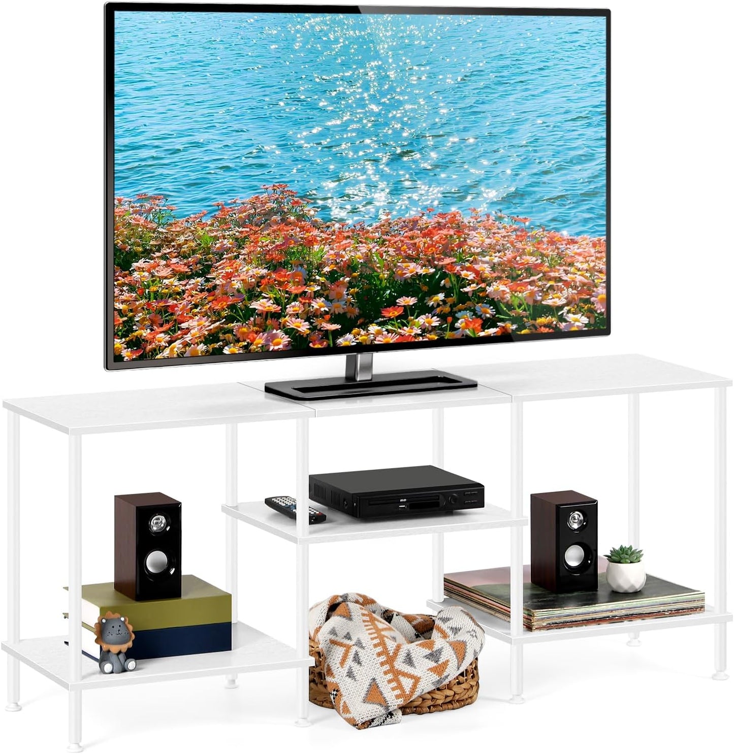 White TV Stand with Storage for 50 Inch TV Modern Entertainment Center with Open Storage Shelves 3 Tier Wood TV Console Table Media Cabinet for Living Room Bedroom Office