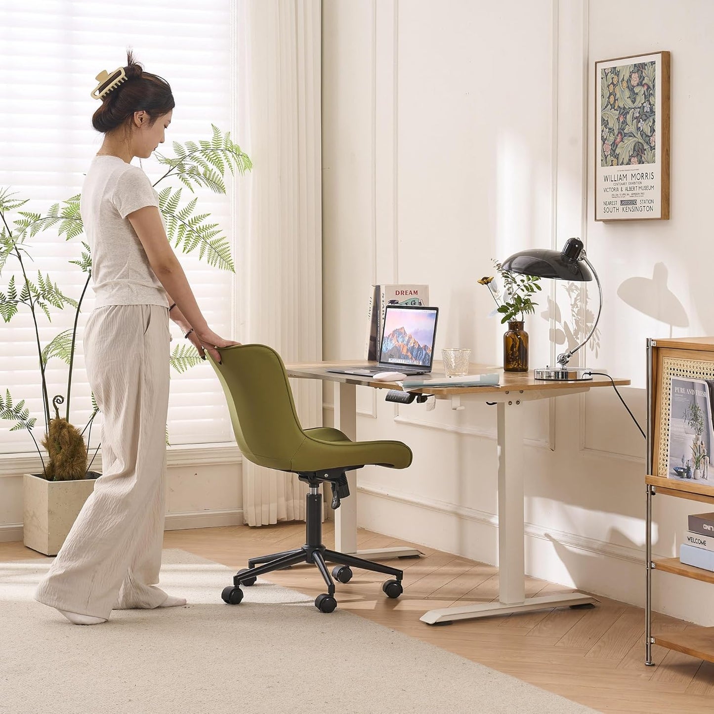 YOUNIKE Ergonomic Home Office Desk Chair with Wheels Comfy Armless Criss Cross Chair with Back Adjustable Modern Leather Upholstered Swivel Vanity Chair Small Cute Rolling Task Chair Avocado Green