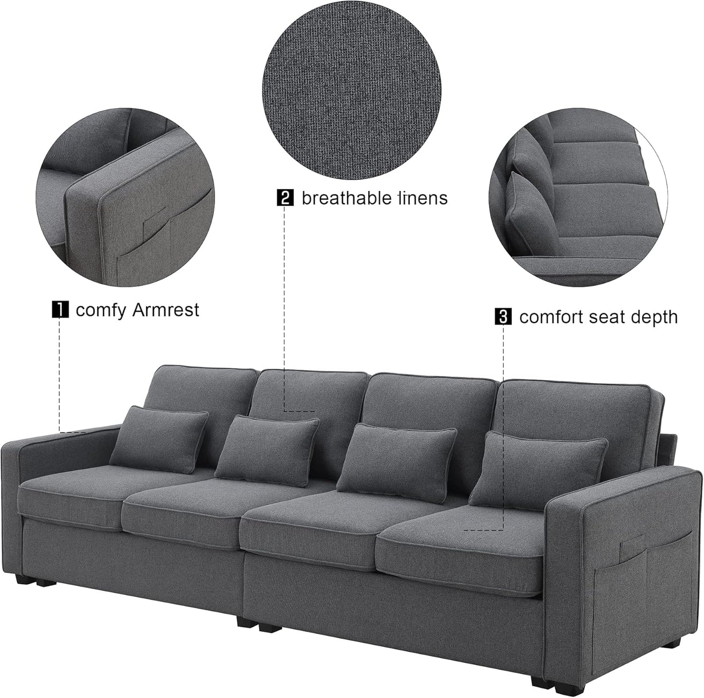 104" 4-Seater Modern Linen Fabric Sofa with Armrest Pockets,Minimalist Style Wood Frame Couch,w/ 4 Pillows,for Living Room,Apartment,Office,Dark Grey