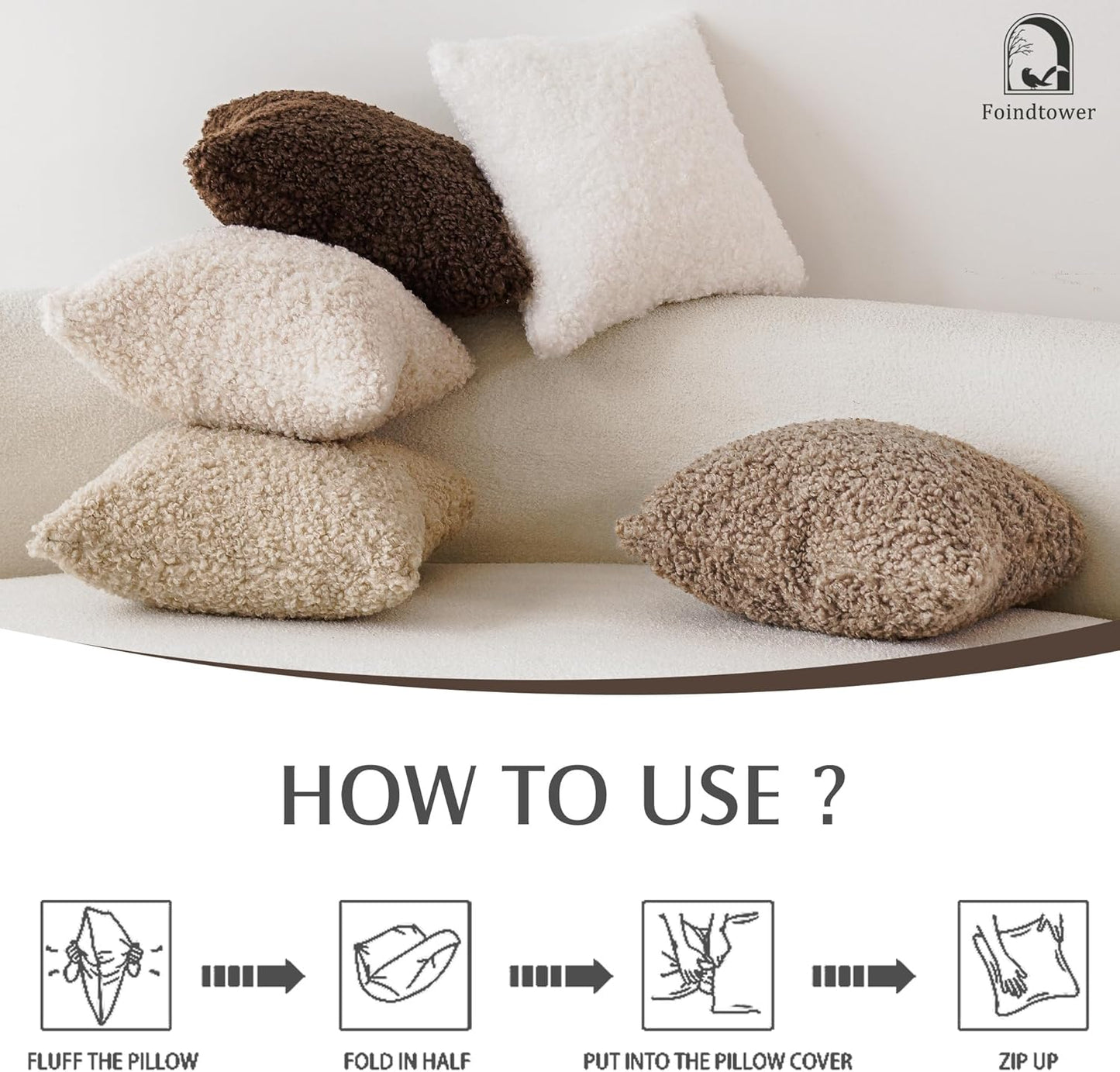 Foindtower 2 Pieces 22x22 Inch Light Khaki, Faux Fur Throw Pillow Cover Accent Sherpa Pillow Fuzzy Soft Pillowcases Sheepskin Decorative Fleece Cushion Case for Bed Couch Living Room