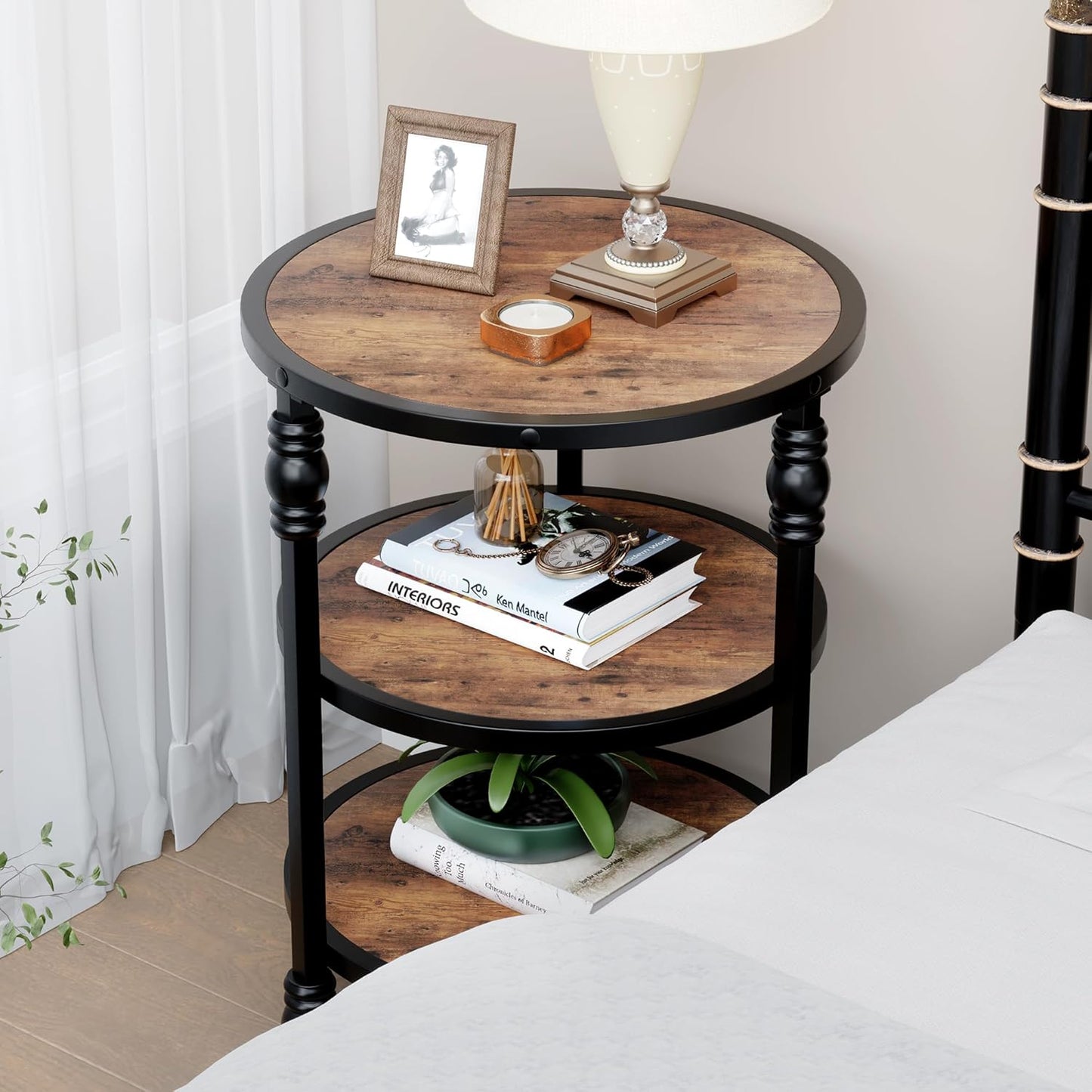 GarveeHome Round End Table with Storage Shelves, 3-Tier Round Farmhouse Side Table w/Mental Support Legs, Rustic End Table Accent Nighstands for Living Room Bedroom (B, Rustic Brown)