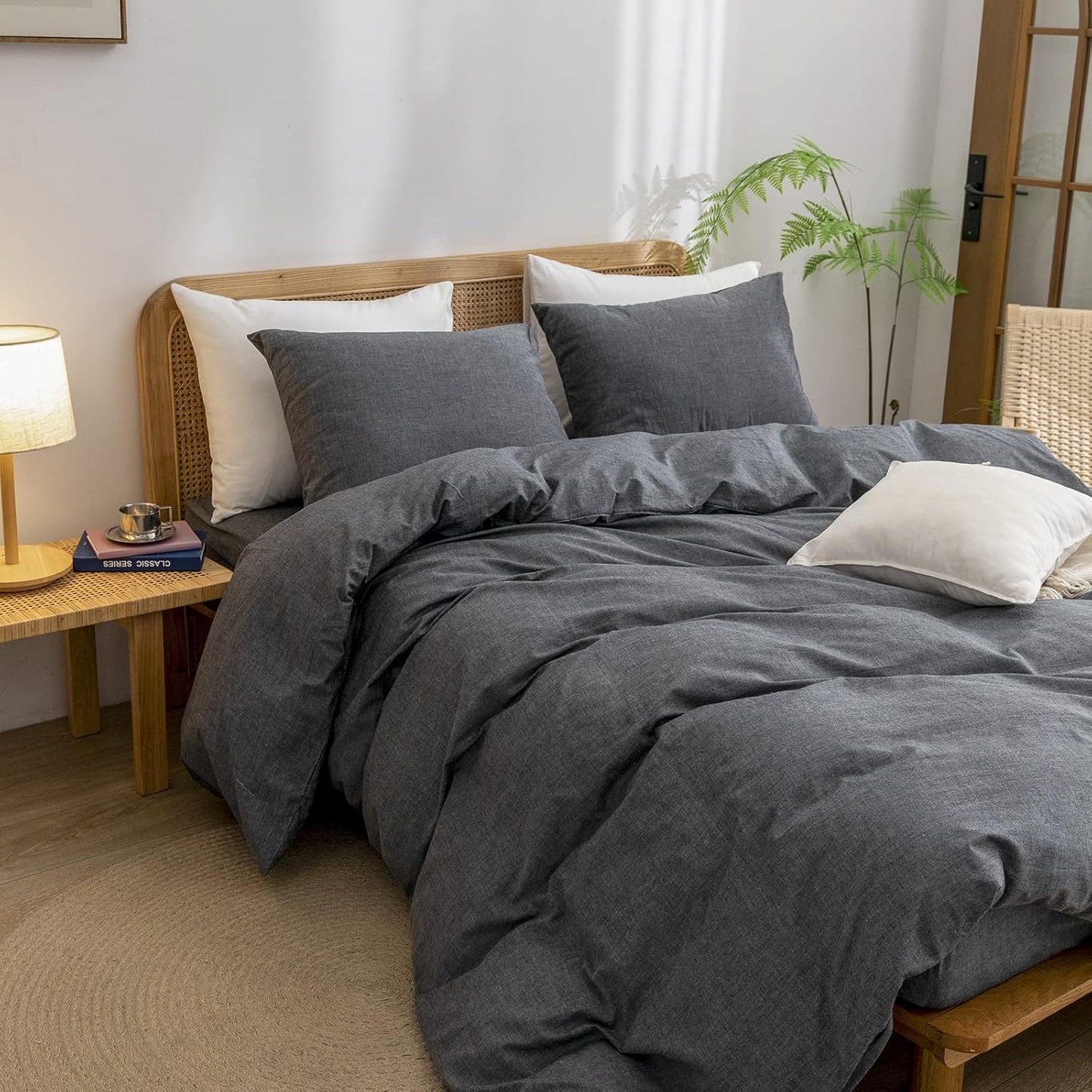 BESTOUCH Duvet Cover Set 100% Washed Cotton Linen Feel Super Soft Comfortable Chic Lightweight 3 PCs Home Bedding Set Solid Dark Black Cal King