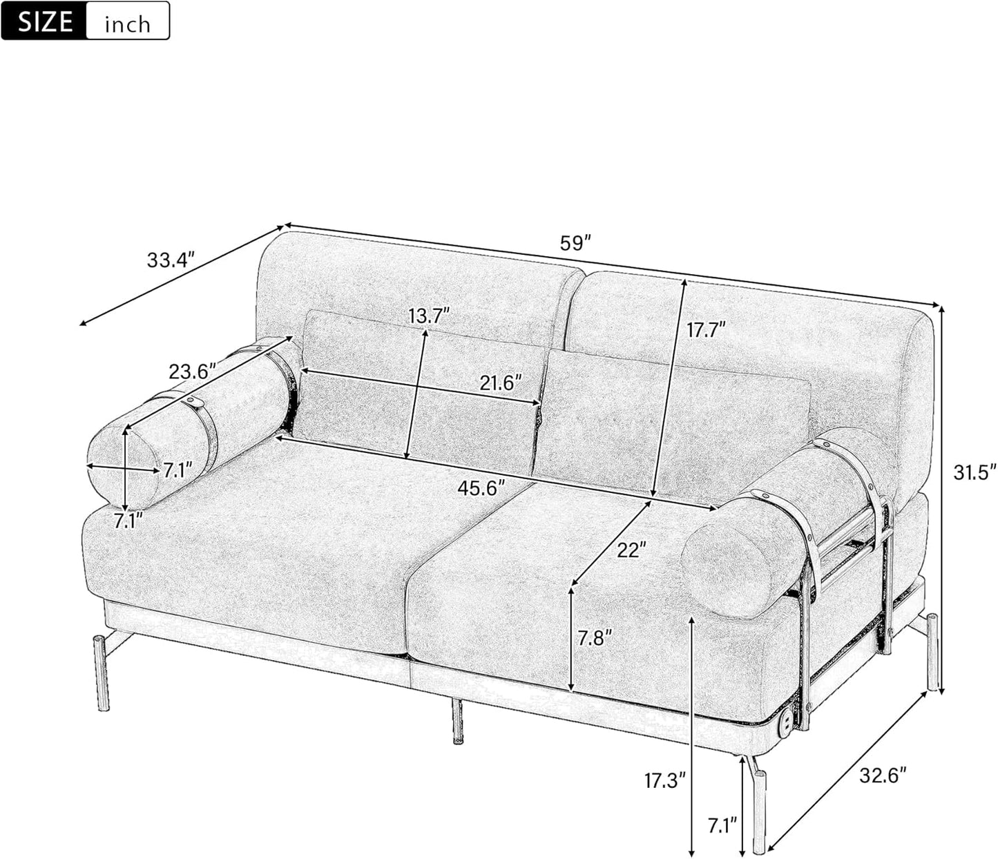 Modern Loveseat Sofa 59" Sofa Couch 2-Seater Sofa with Flexible USB Ports, Unique Cylindrical Armrests for Living Room, Grey