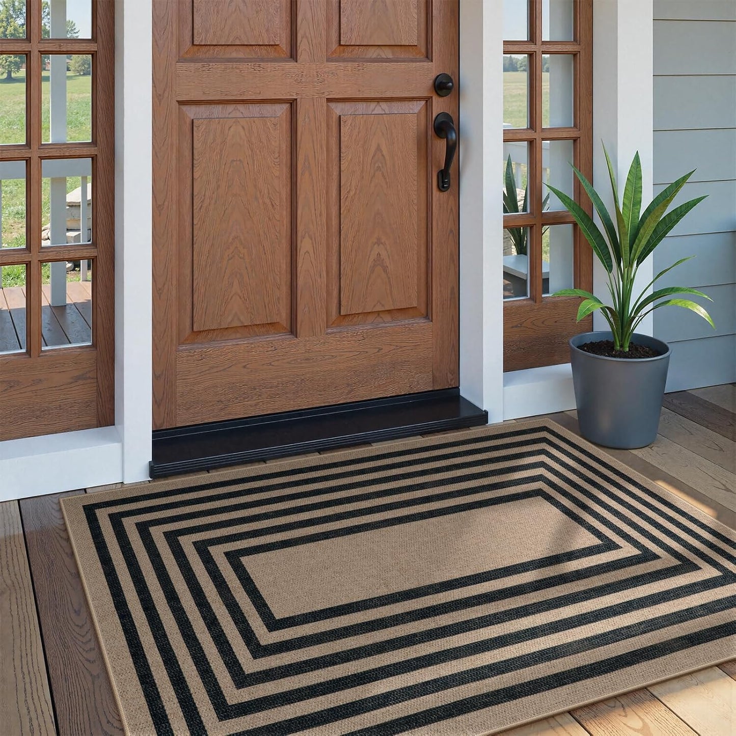 Lahome Modern Geometric Easy Jute Outdoor Rug, 3x5 Black Washable Kitchen Rugs for Bedroom Thin Non Slip Indoor Door Mat, Non Slip Farmhouse Carpet for Office Patio