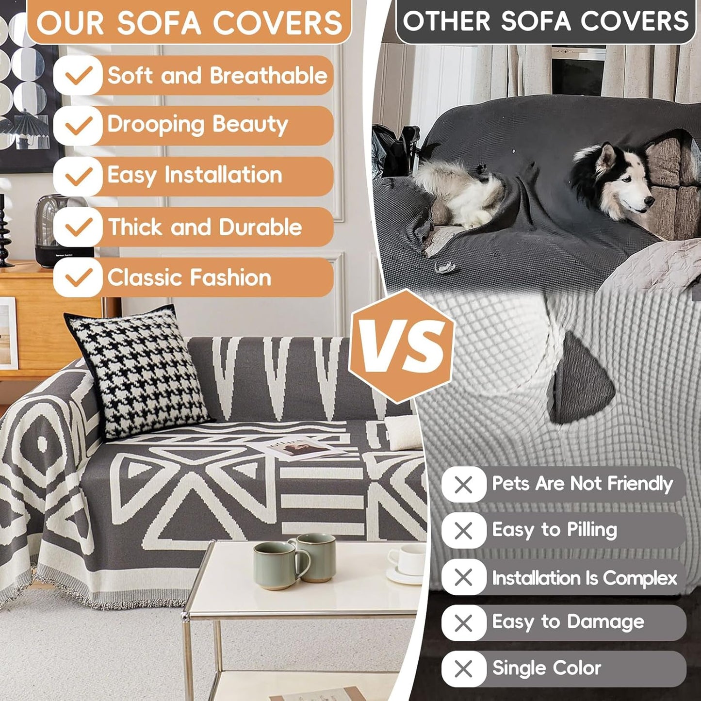 STACYPIK Dark Grey Chenille Couch Covers, Boho Sofa Covers for 2 Cushion Couch, Loveseat Couch for Sectional, Non Slip Couch Cover Tassels for L-Shaped, Multi-Use Jacquard Decorative Blanket-71X118IN