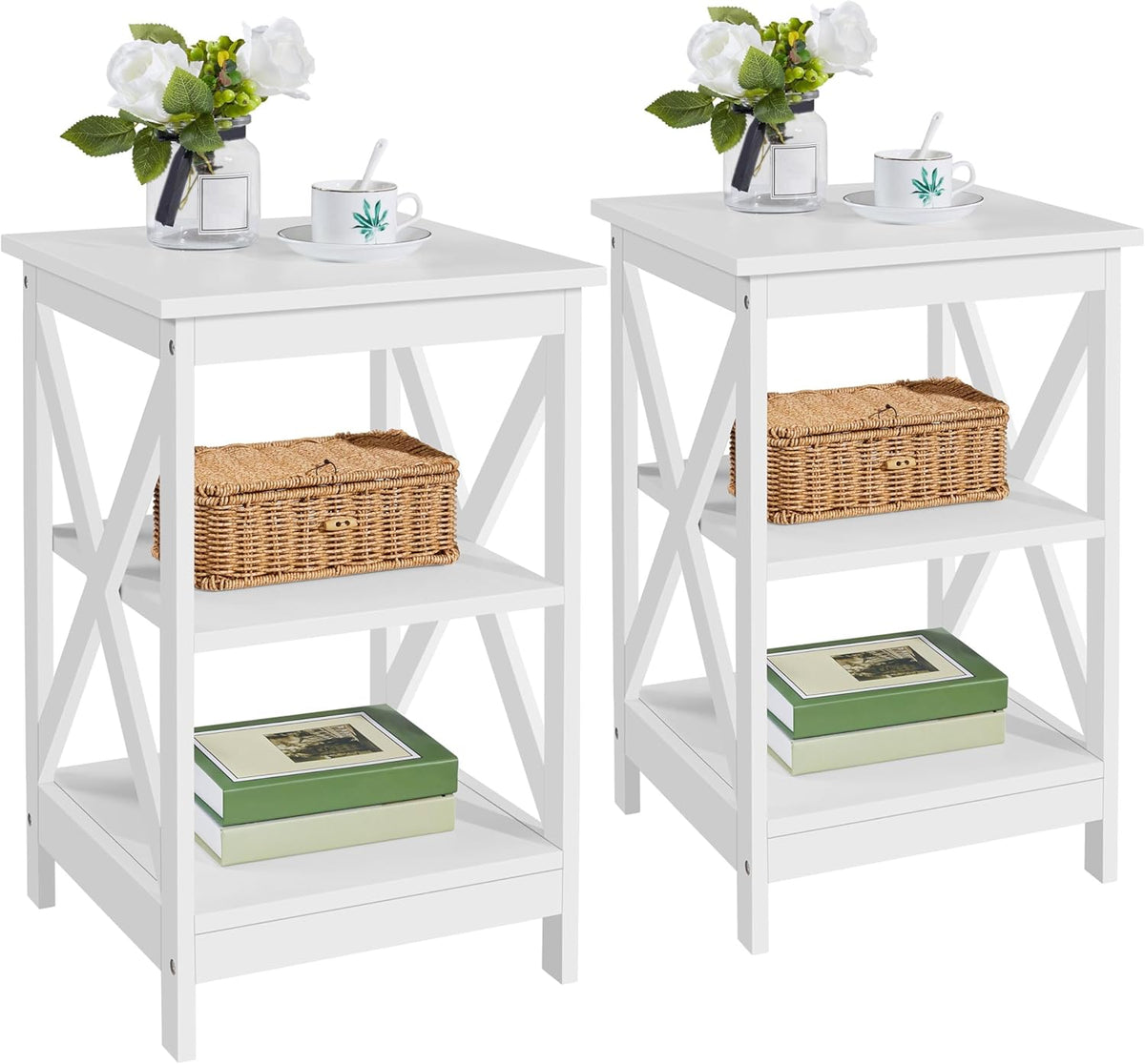Yaheetech End Tables Set of 2, 3-Tier Side Tables with Storage for Living Room, Sturdy X Design Wooden Large Sofa Side Table Storage Cabinet with Shelves, 16x16x24’’(LxWxH), White