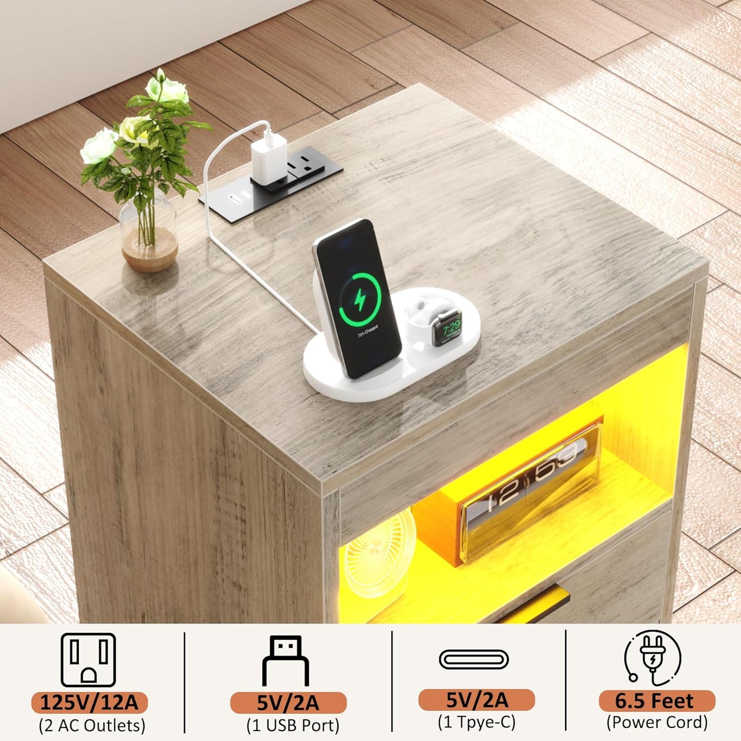 Gadroad LED Nightstand with Charging Station, Bedside Table with 3 Drawers and LED Lights, End Table Sofa Couch Side Table with Pull-Out Shelf, Grey
