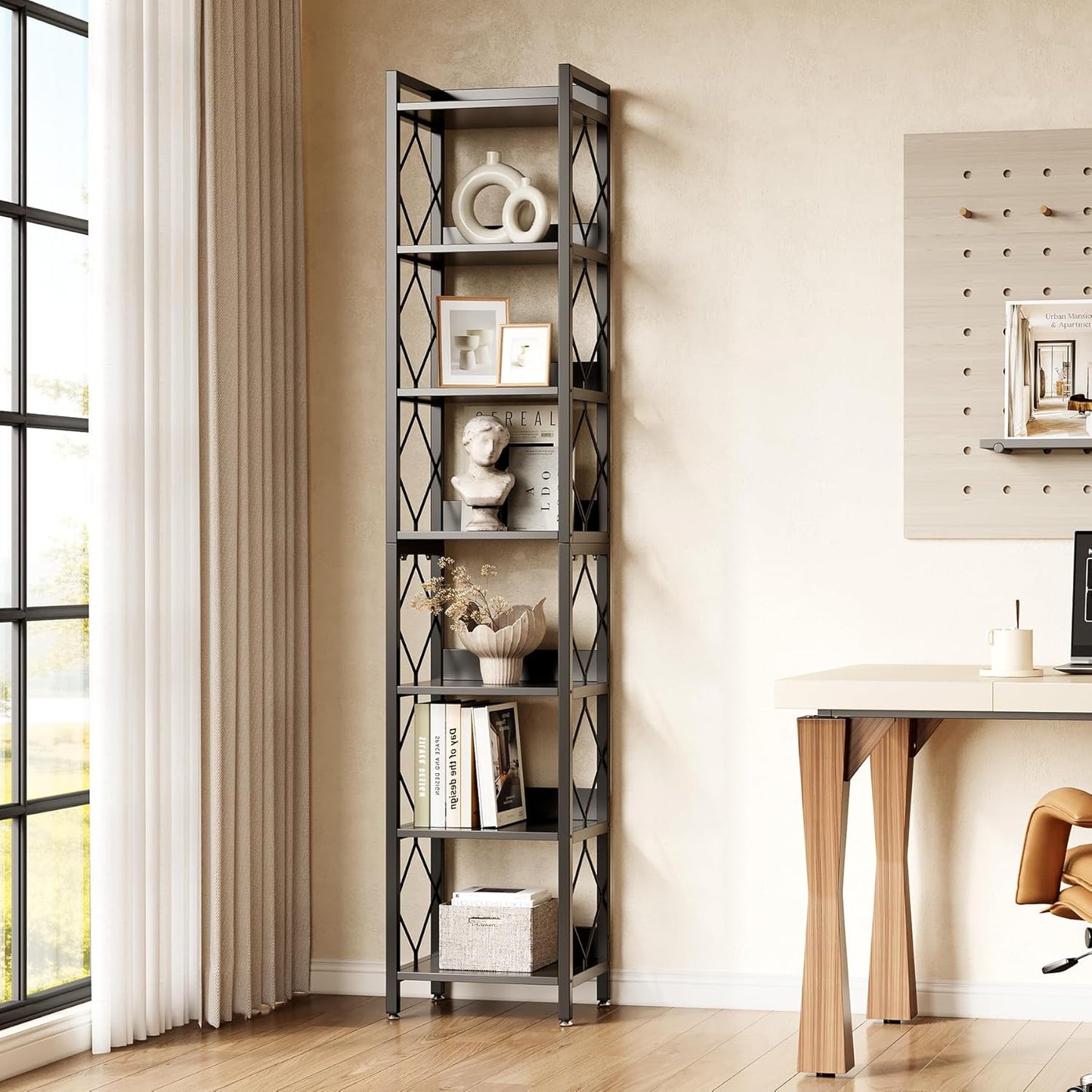 LITTLE TREE Corner Book Shelf, 7-Tier Tall Bookcase, 78" Display Shelves with Sturdy Metal Frame for Living Room, Modern Narrow Standing Bookshelves, Black Office Shelf for Small Spaces, Bedroom