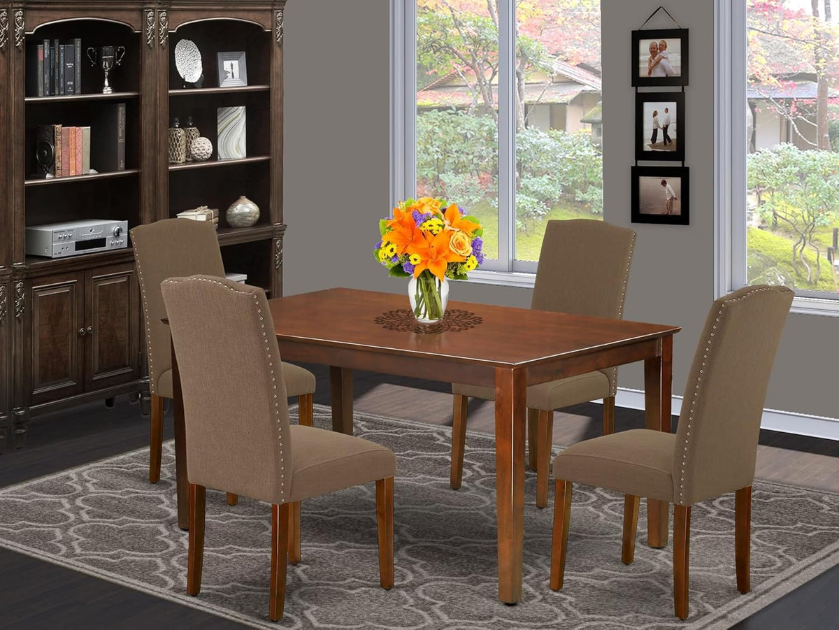 East West Furniture CAEN5-MAH-18 5 Piece Dinette Set Includes a Rectangle Dining Room Table and 4 Dark Coffee Linen Fabric Upholstered Parson Chairs, 36x60 Inch, Mahogany