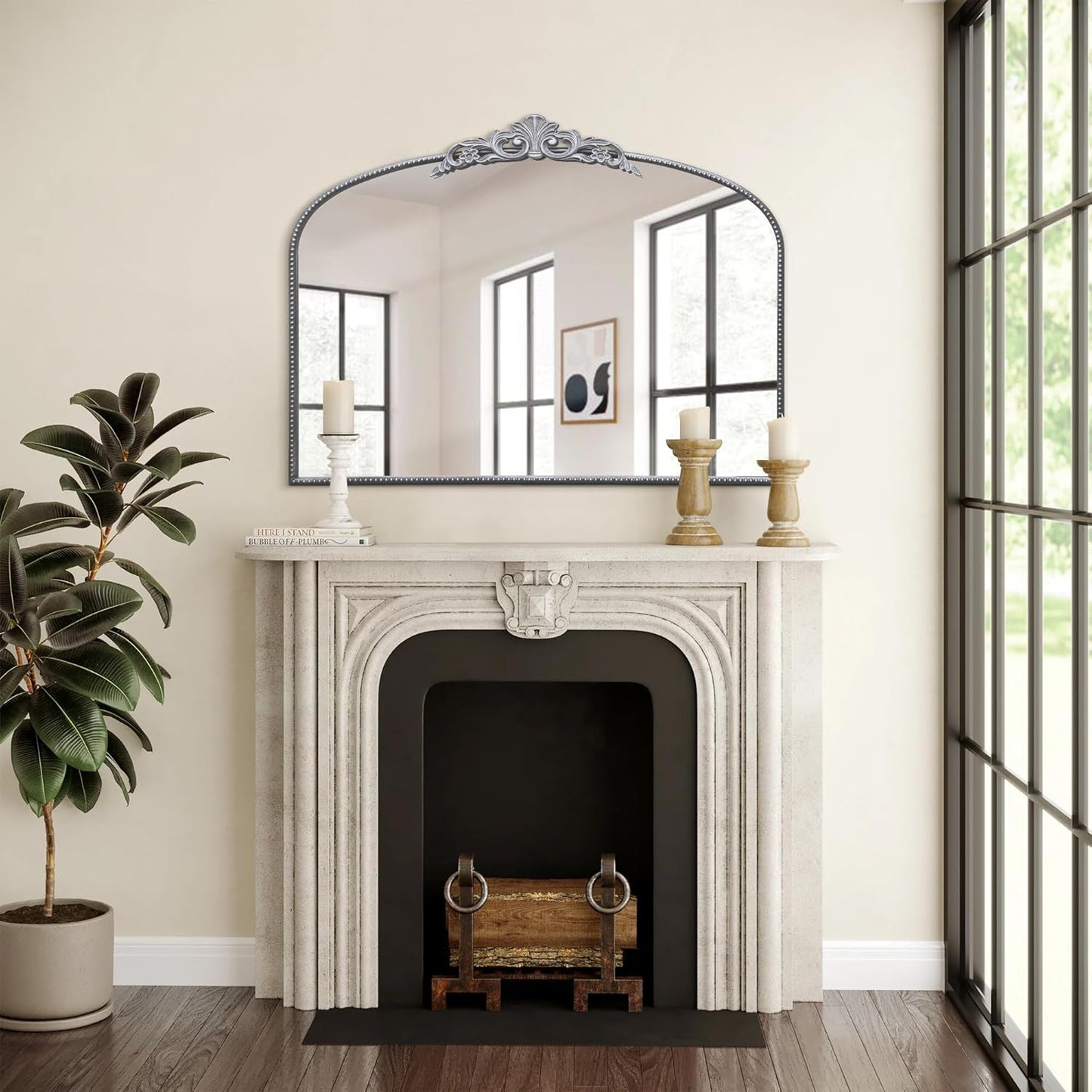 Micasso Antique Silver Wall Mirror, 40"x30" Metral Framed Arch Baroque Ornate Mantel Mirror for Bathroom, Entryway, Living Room