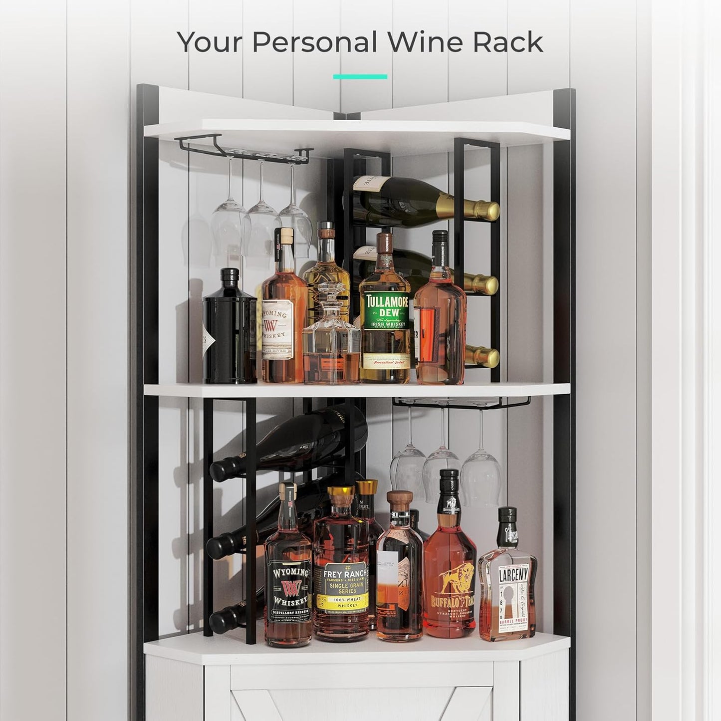63” Tall Corner Bar Cabinet, Farmhouse Liquor Cabinet with Wine Rack (Holds 50+ Bottles), Glass Holder, Adjustable Shelves & Barn Door, Home Bar for Living Room/Kitchen, Ivory White