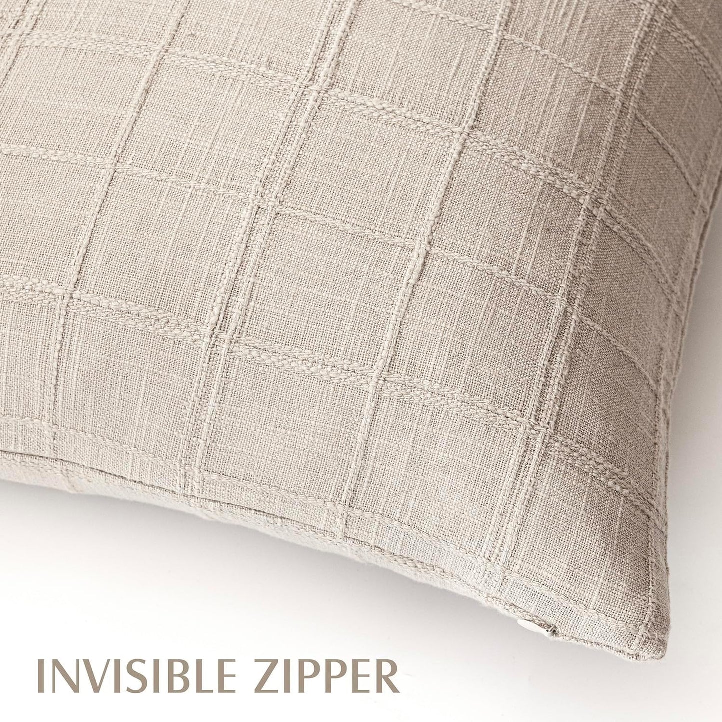 Foindtower Set of 2 Decorative Linen Check Throw Pillow Covers Neutral Farmhouse Vintage Cushion Covers Modern Boho Home Decor For Sofa Chair Couch Bedroom Living Room Outdoor,22×22 Inch,Natural Linen