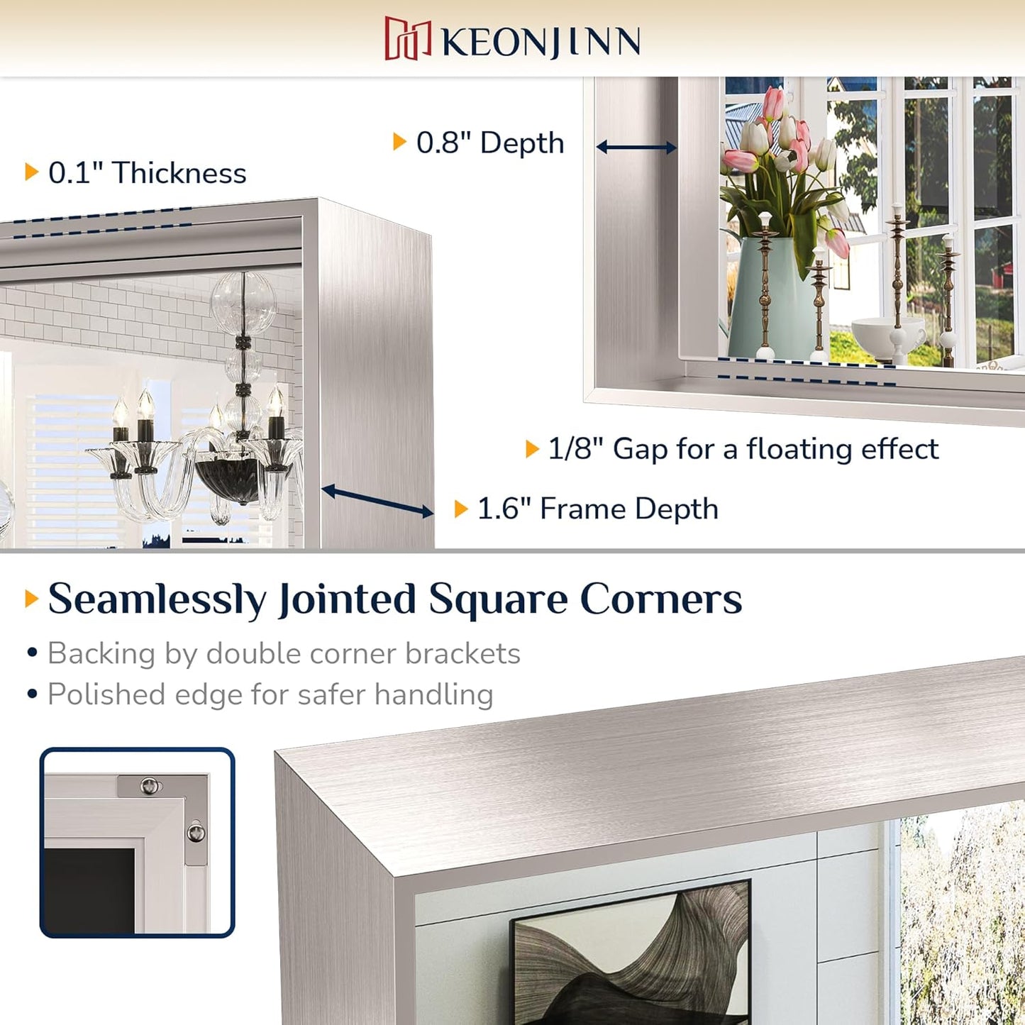Keonjinn 55 x 30 In Brushed Nickel Bathroom Mirror for Wall, Rectangular Metal Framed Large Silver Vanity Mirror for Over Sink Square Corner Aluminum Alloy Modern Rectangle Mirror(Horizontal/Vertical)