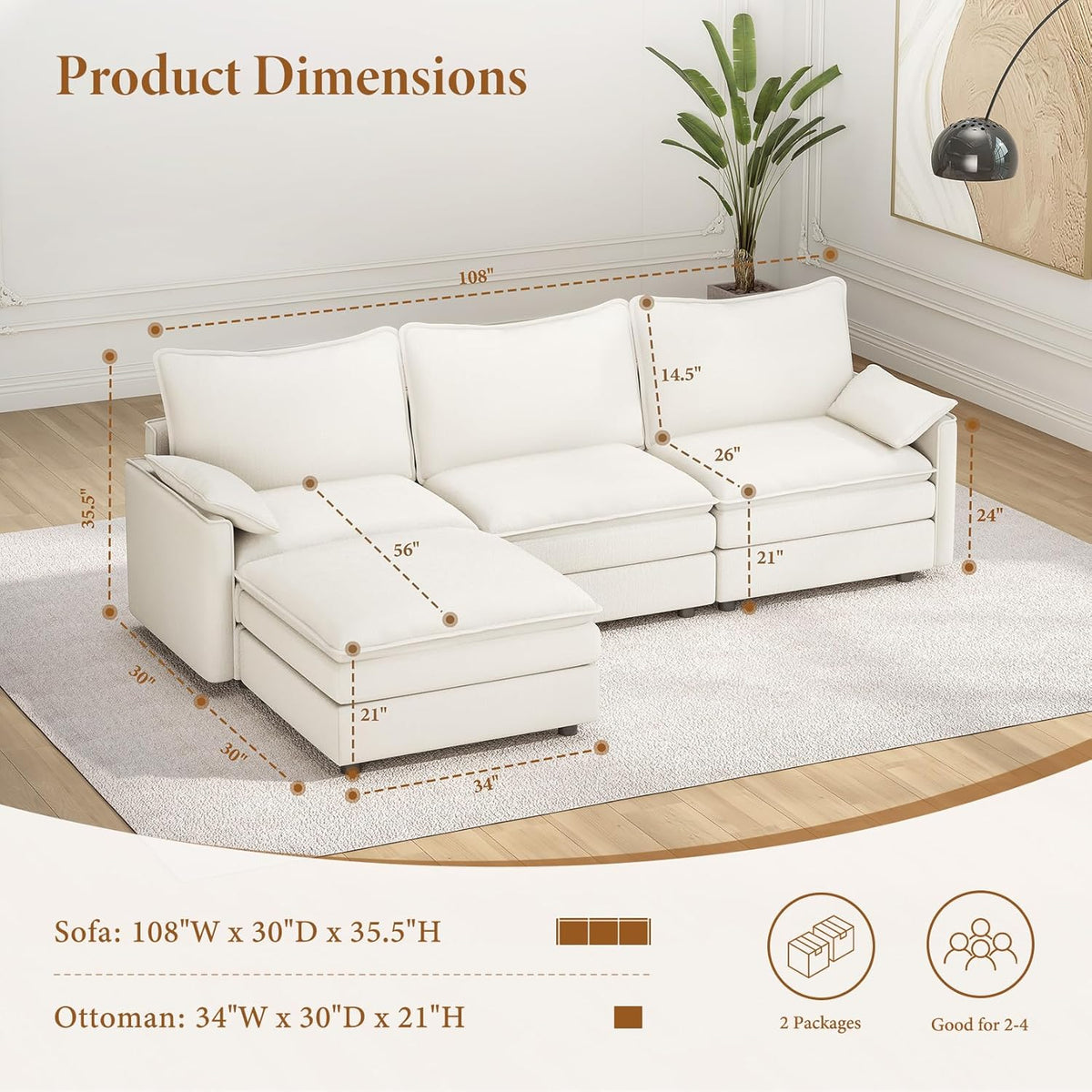 Vesgantti 108" Modular Sectional Sofa, Comfy Cloud Couch with Movable Ottoman Deep Seat Chenille L Shaped Modular Sofa, Sectional Couches for Living Room, Bedroom and Apartment, Snow White