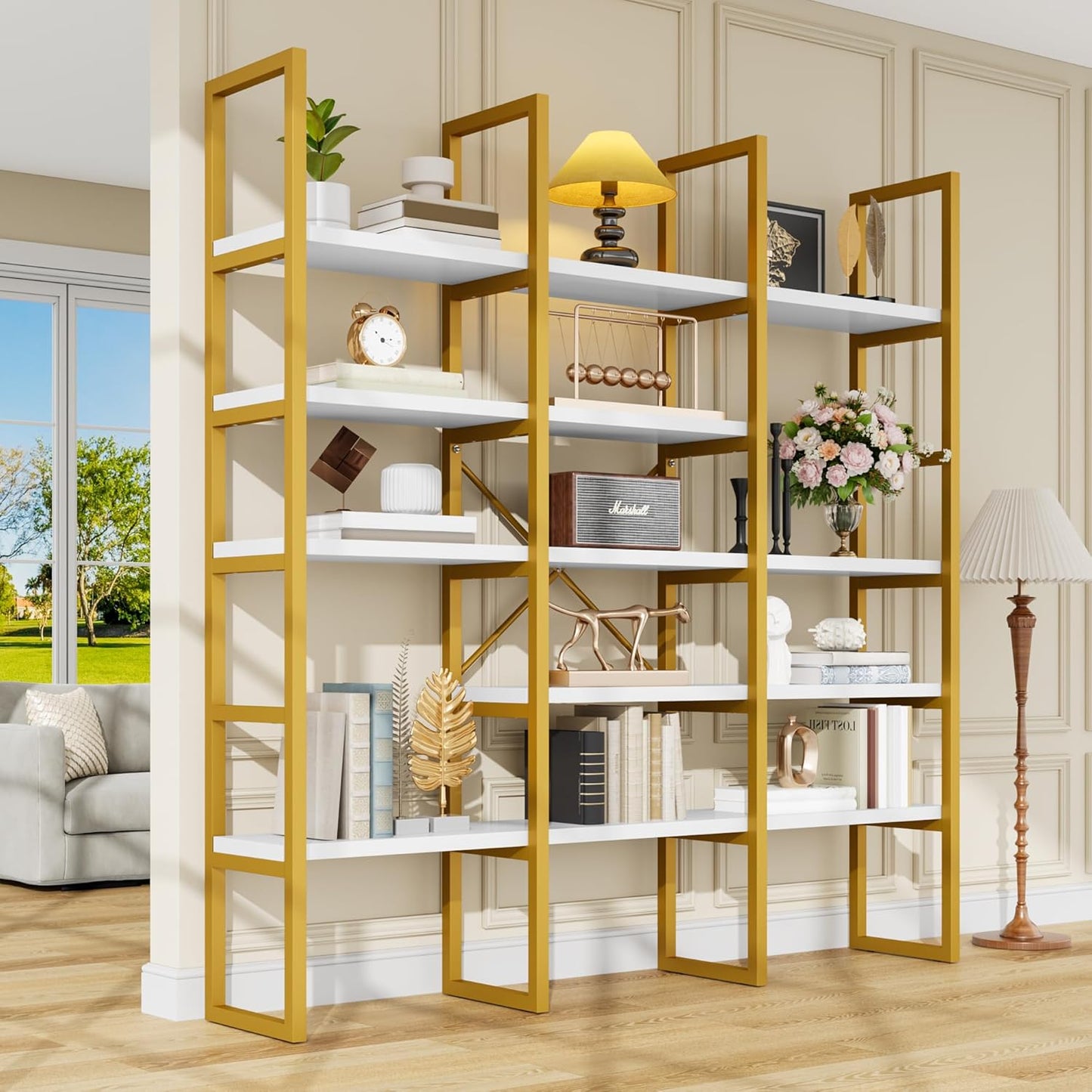 Semoic Large Bookshelf 5 Tiers, Triple Wide Geometric Bookcase, 71 Inches Tall Industrial Book Shelves Etagere Book Case, Sturdy Metal Frame, Freestanding Display Shelving Unit (Gold and White)