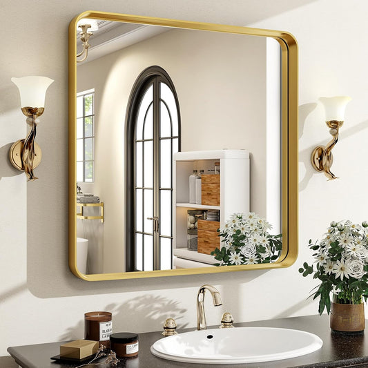 30"x 30" Gold Bathroom Mirror - Aluminum Framed Wall Mirror, Bathroom Wall Mounted Vanity Mirror, Modern Bathroom Mirror, Bedroom, Living Room Wall Mirror, Hang Horizontally or Vertically