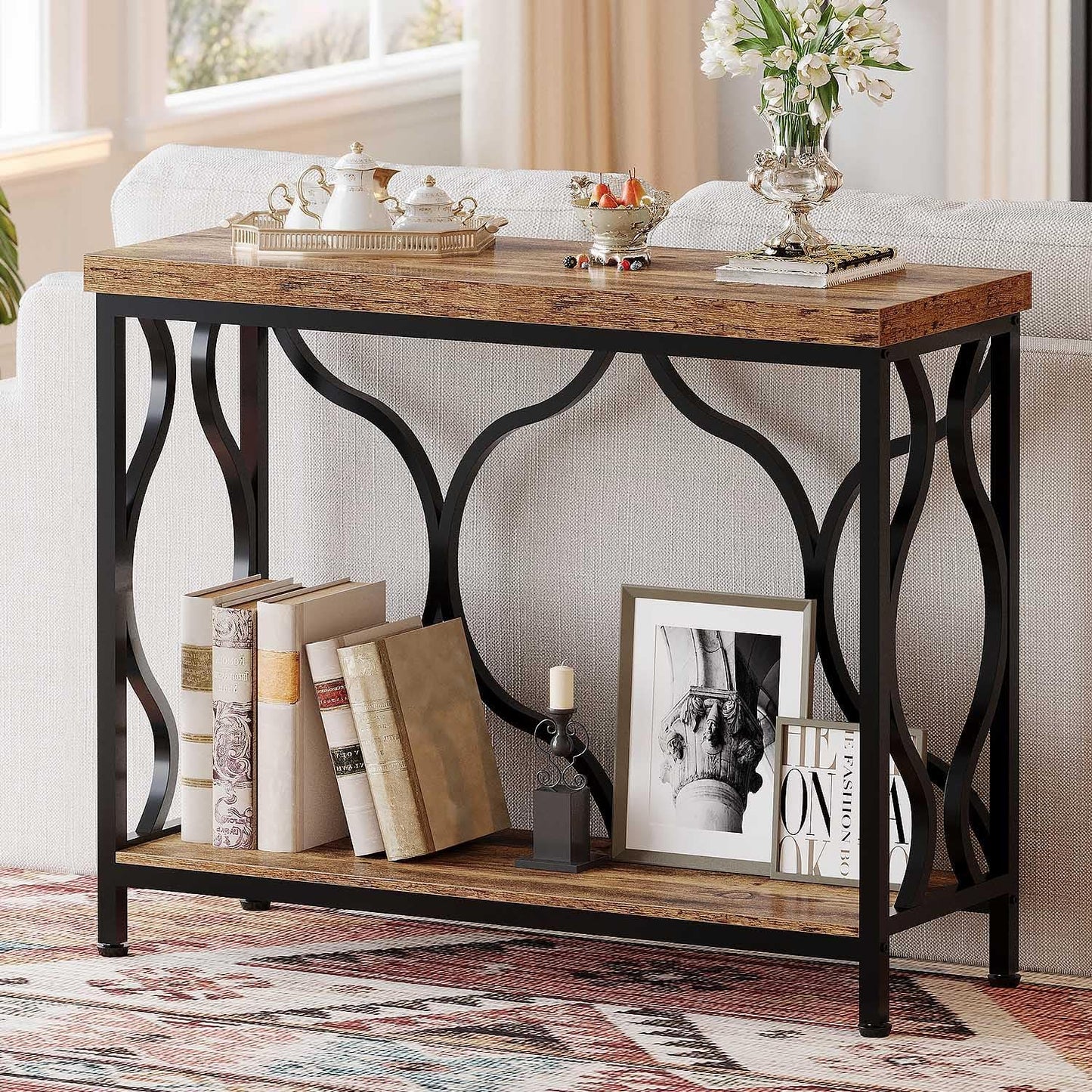 IBF 39.4" Narrow Console Table, Farmhouse Entryway Table in Living Room Hallway Foyer Entrance, Industrial Wood Metal Sofa Table Entry way Behind Couch Tables with 2-Tier Storage Shelves, Rustic Brown