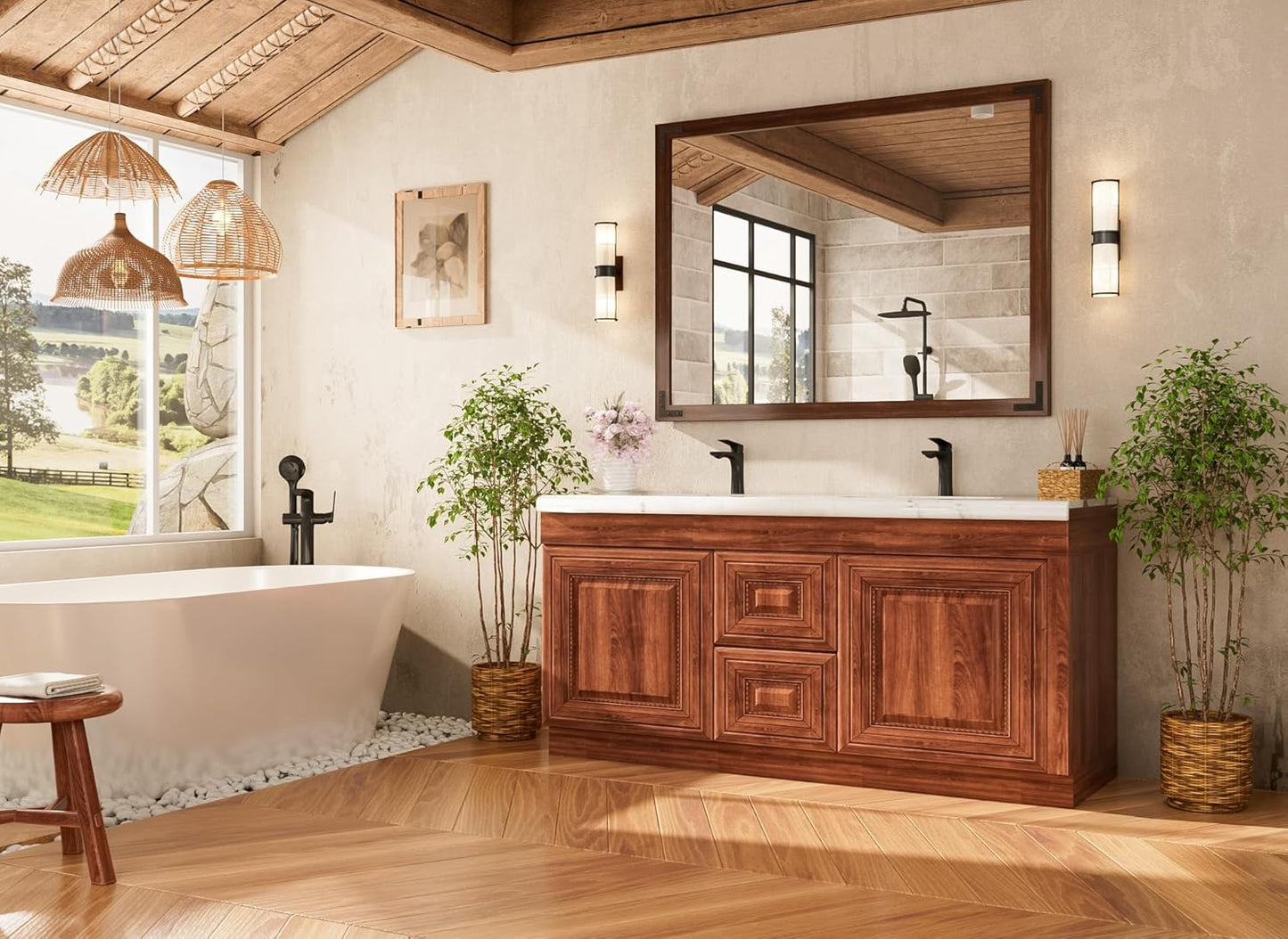 TETOTE 48 x 36 Walnut Wood Framed Mirror for Bathroom Wall/Bedroom/Living Room/Entryway Farmhouse Rustic Bathroom Vanity Mirror for Wall Waterproof (Horizontal/Vertical Mounted)